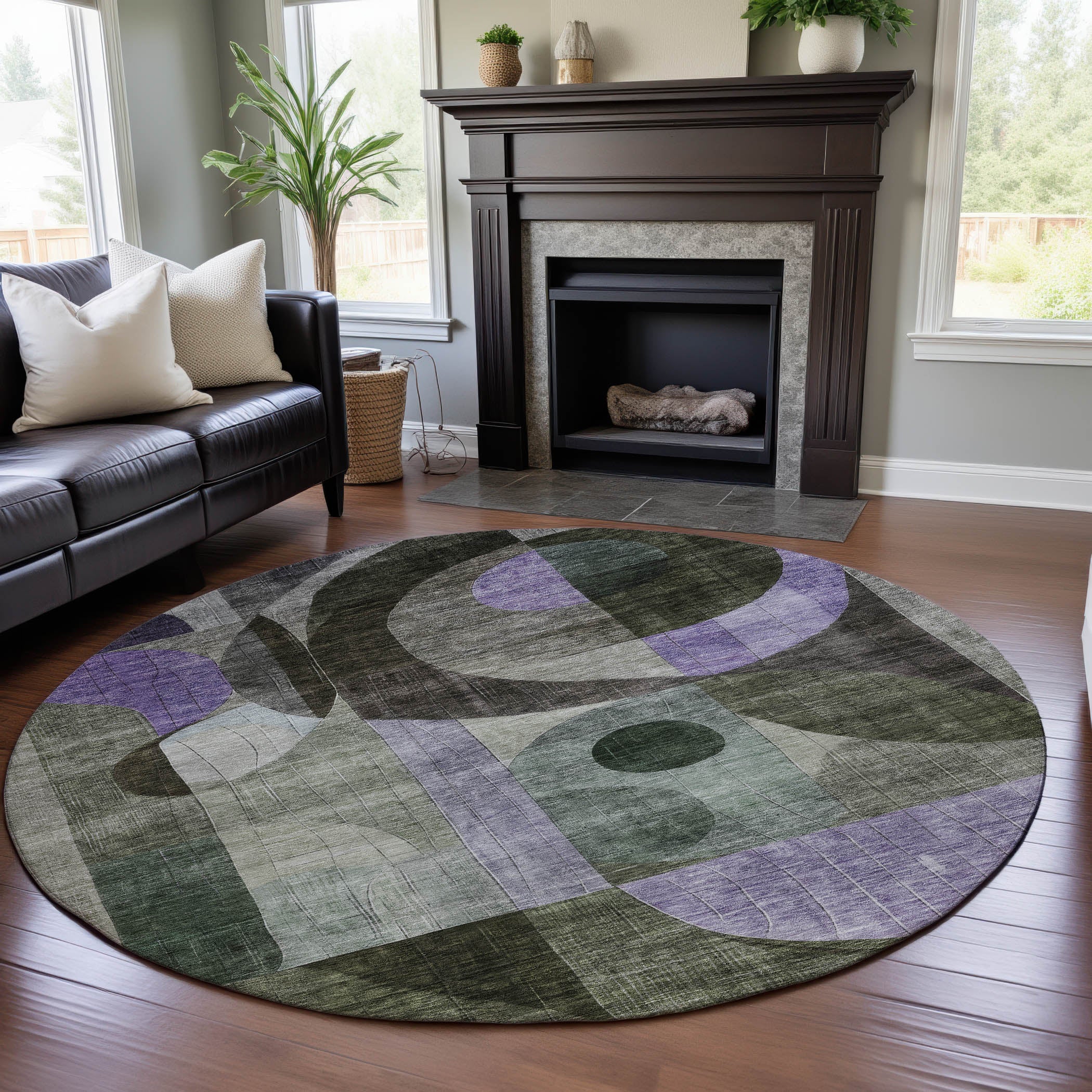 Sintra Machine Washable Transitional Olive Green Rug 8' x 8' #shape_Round