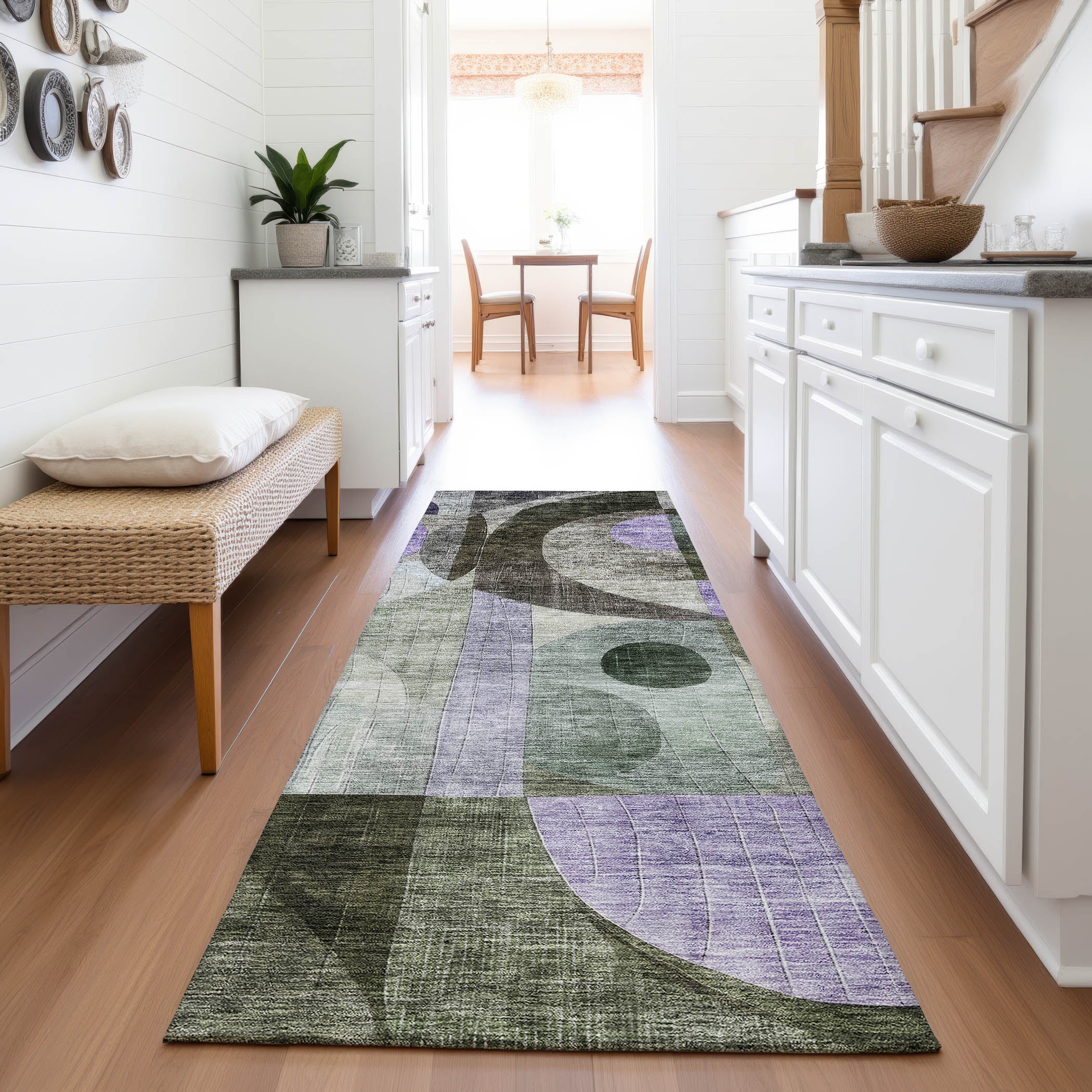 Sintra Machine Washable Transitional Olive Green Rug 2'3" x 7'6" #shape_Runner