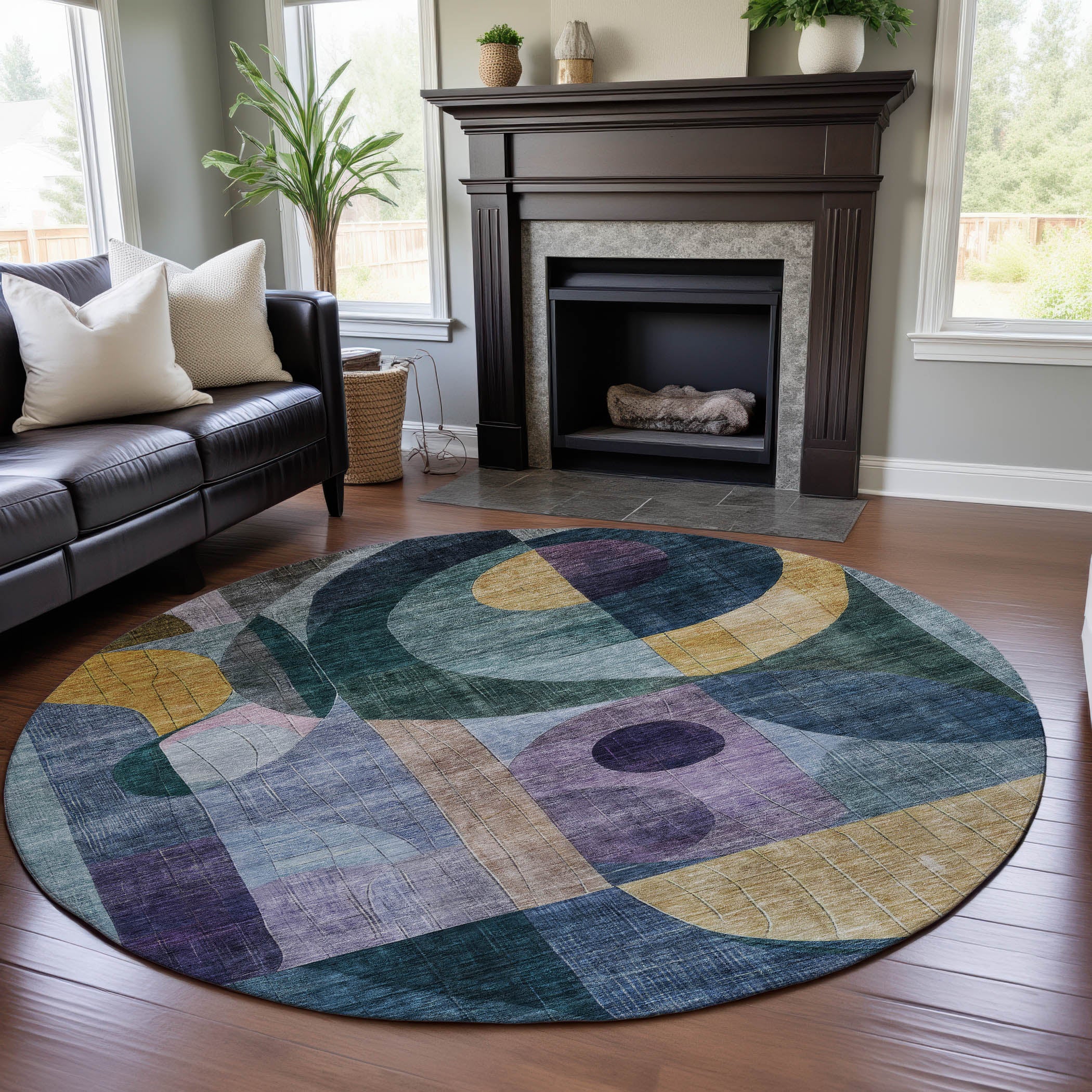 Montevideo Machine Washable Transitional Blue Rug 8' x 8' #shape_Round