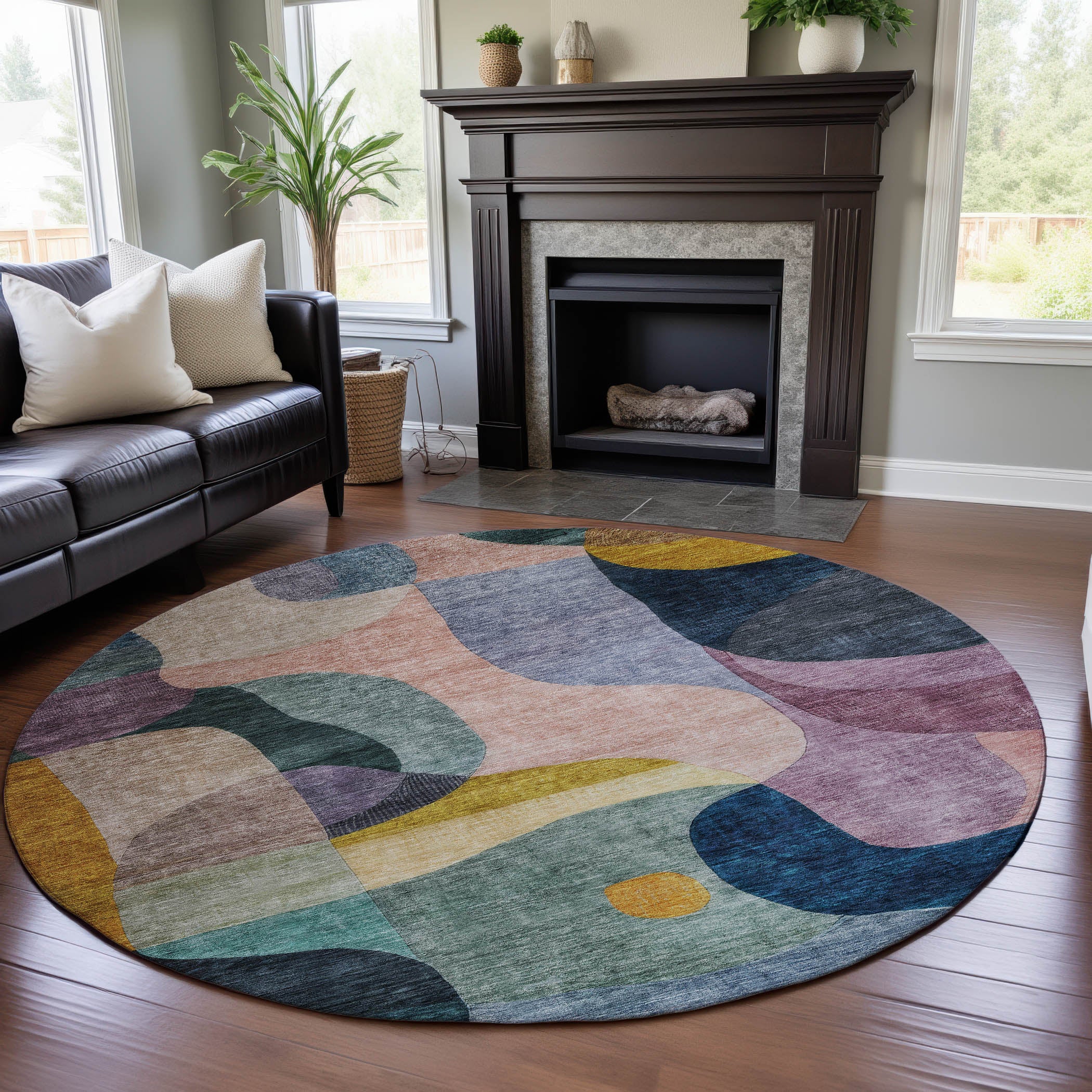 Seoul Machine Washable Transitional Green Rug 8' x 8' #shape_Round