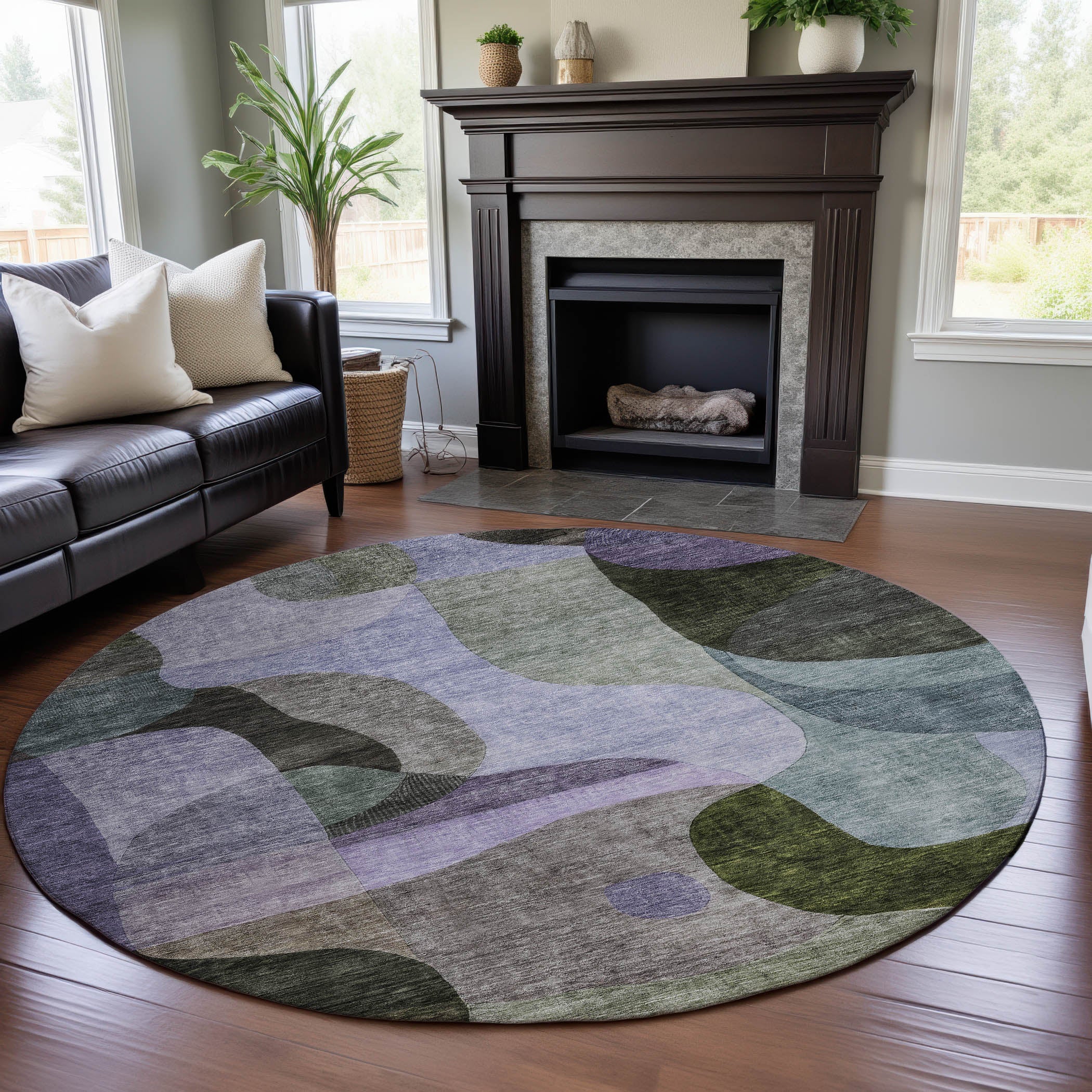 Seoul Machine Washable Transitional Olive Green Rug 8' x 8' #shape_Round