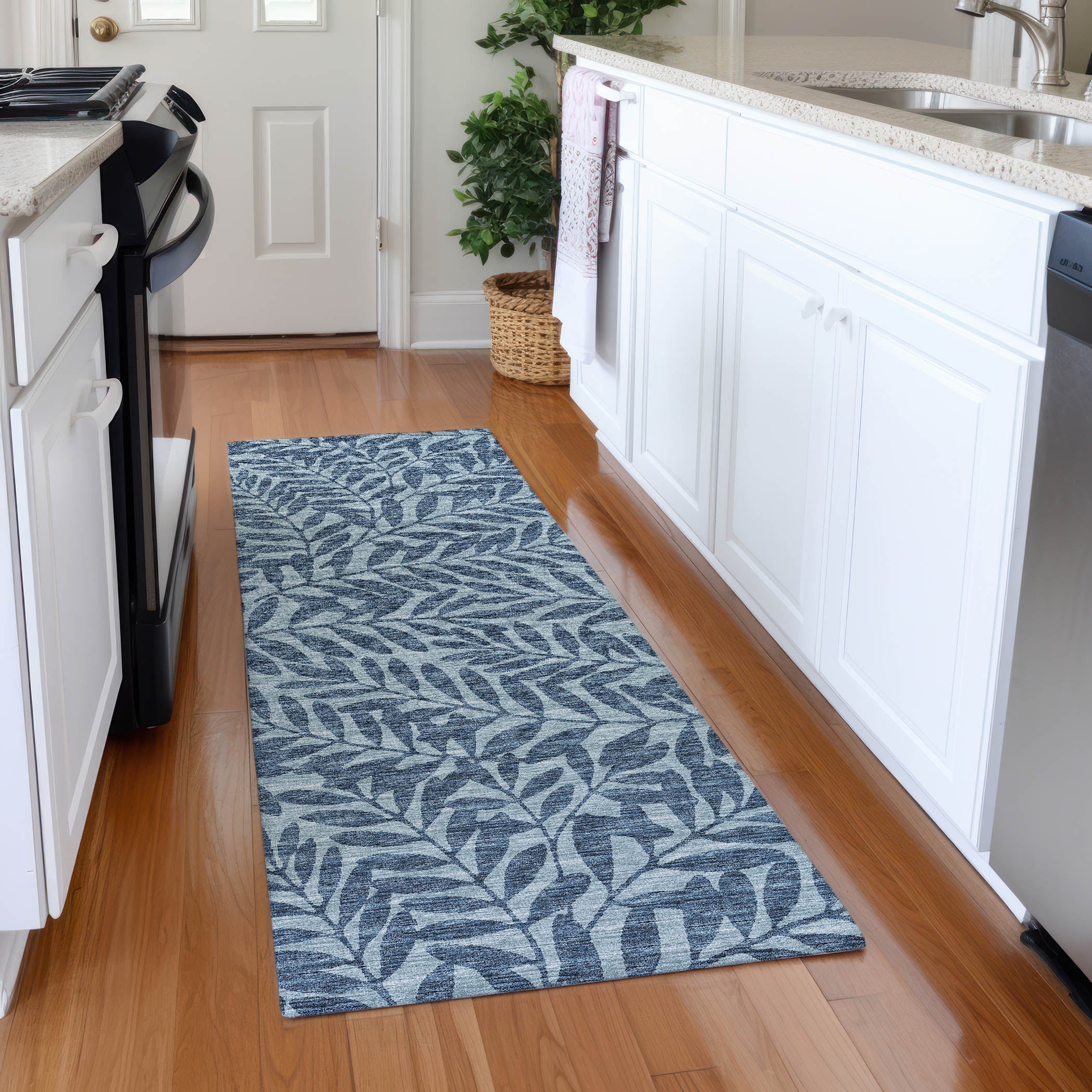 Hoi An Machine Washable Transitional Blue Rug 2'3" x 7'6" #shape_Runner