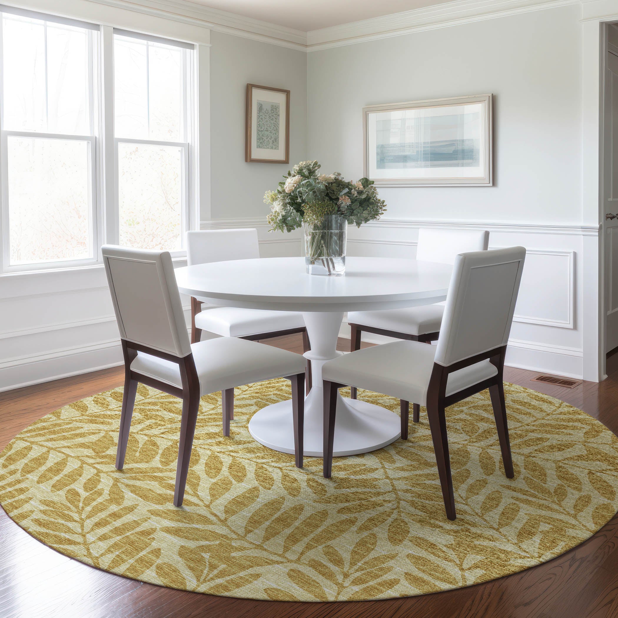 Hoi An Machine Washable Transitional Gilded Yellow Rug 8' x 8' #shape_Round