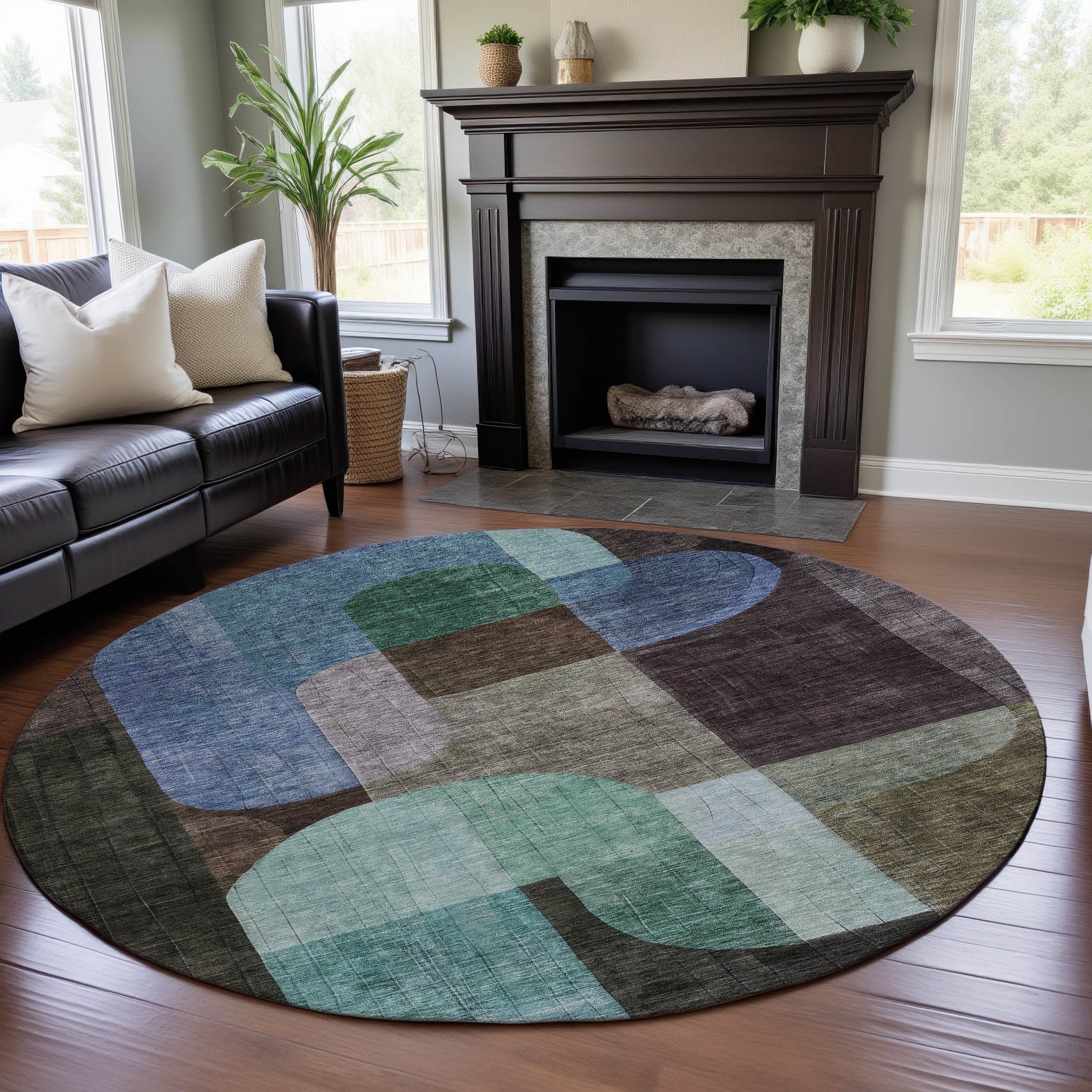 Colombo Machine Washable Transitional Brown Rug 8' x 8' #shape_Round