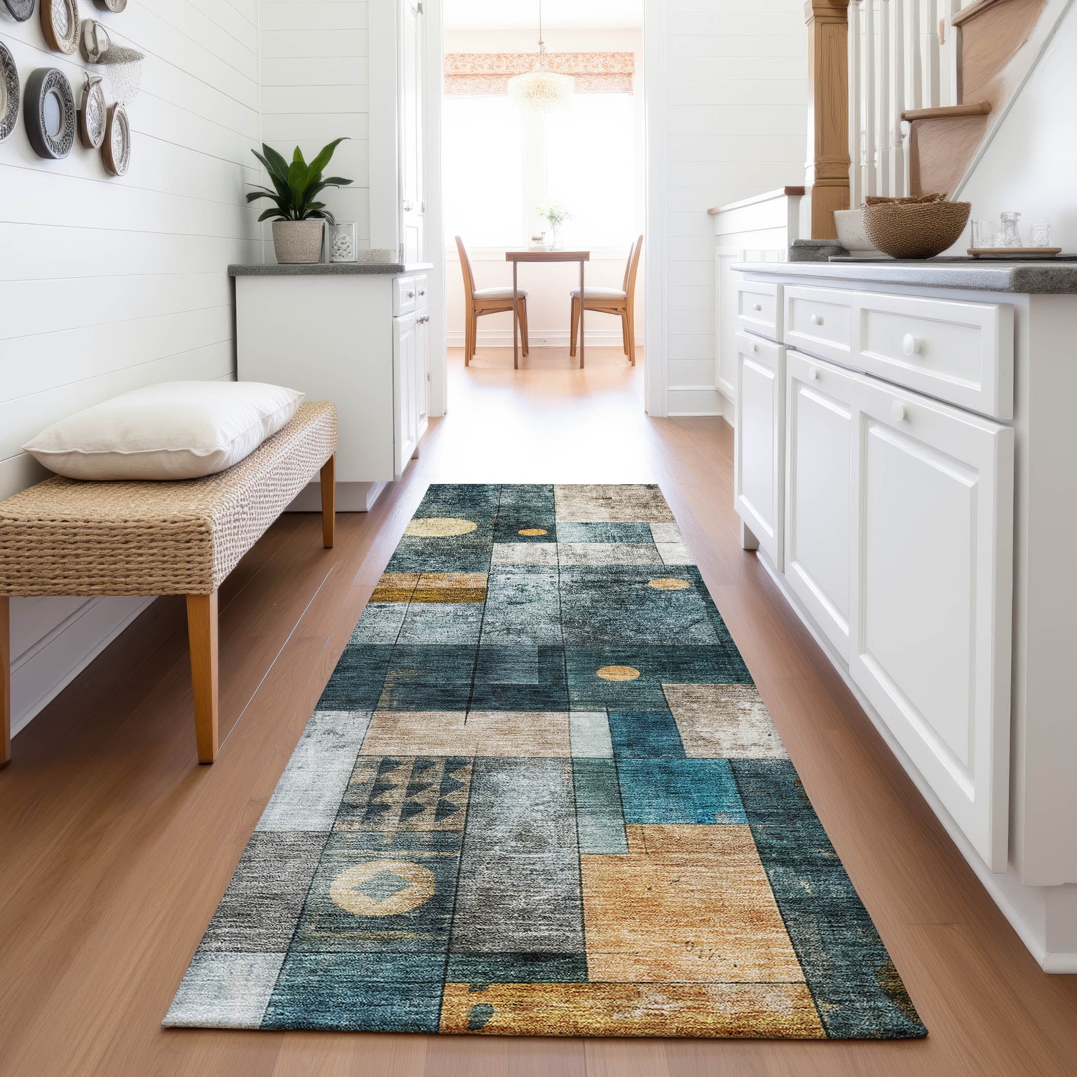 Bern Machine Washable Transitional Teal Rug 2'3" x 7'6" #shape_Runner