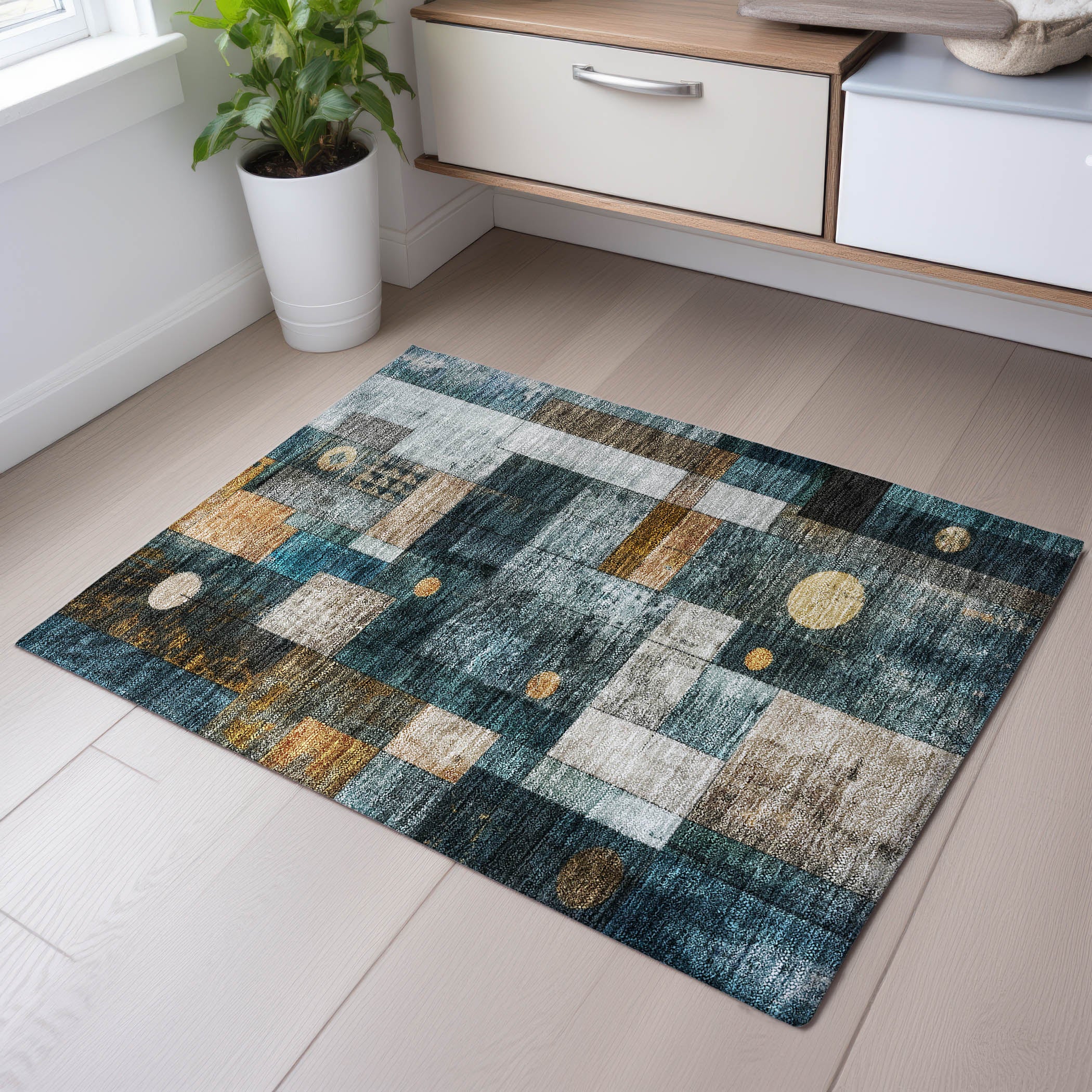 Bern Machine Washable Transitional Teal Rug 1'8" x 2'6" #shape_Rectangle