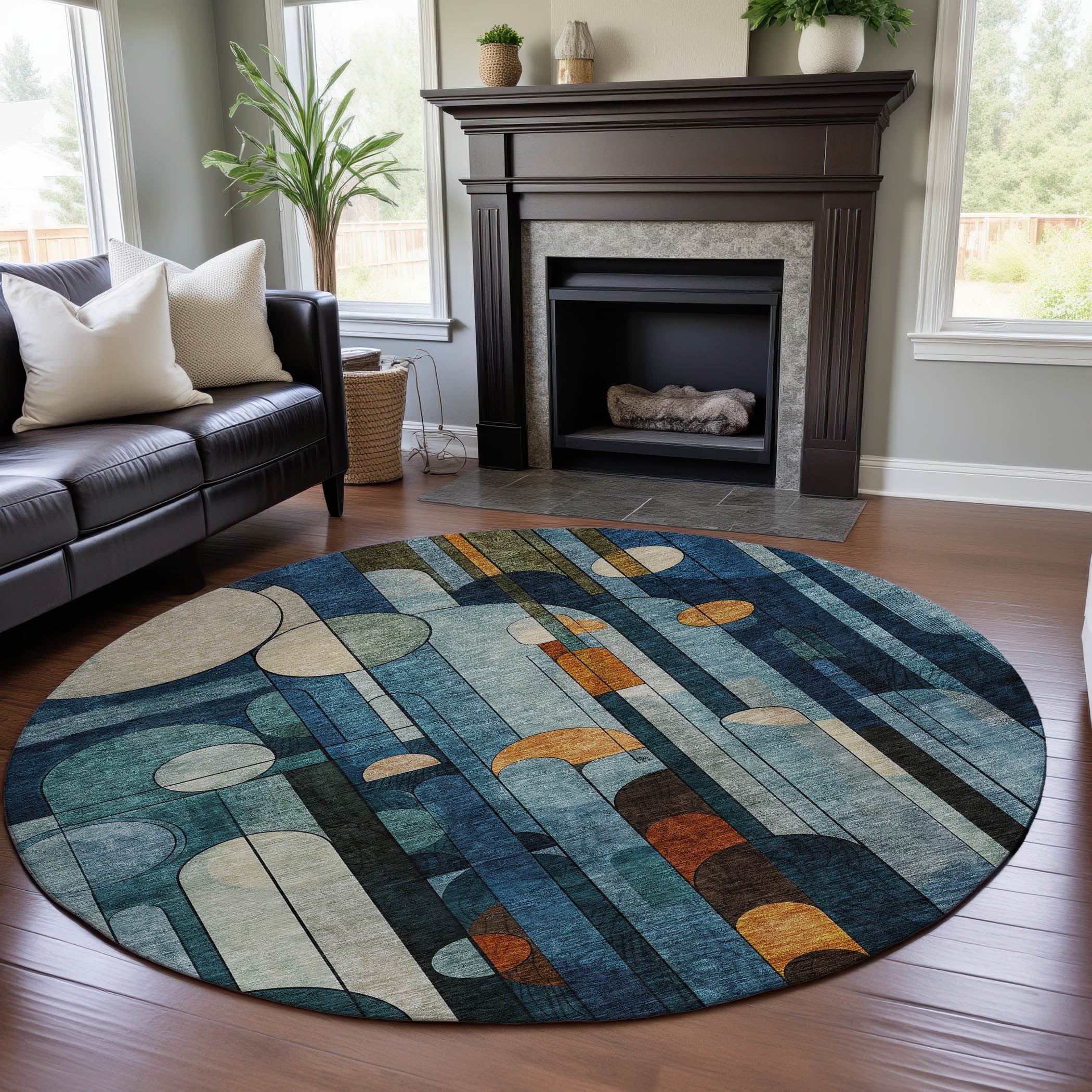 Queenstown Machine Washable Transitional Blue Rug 8' x 8' #shape_Round