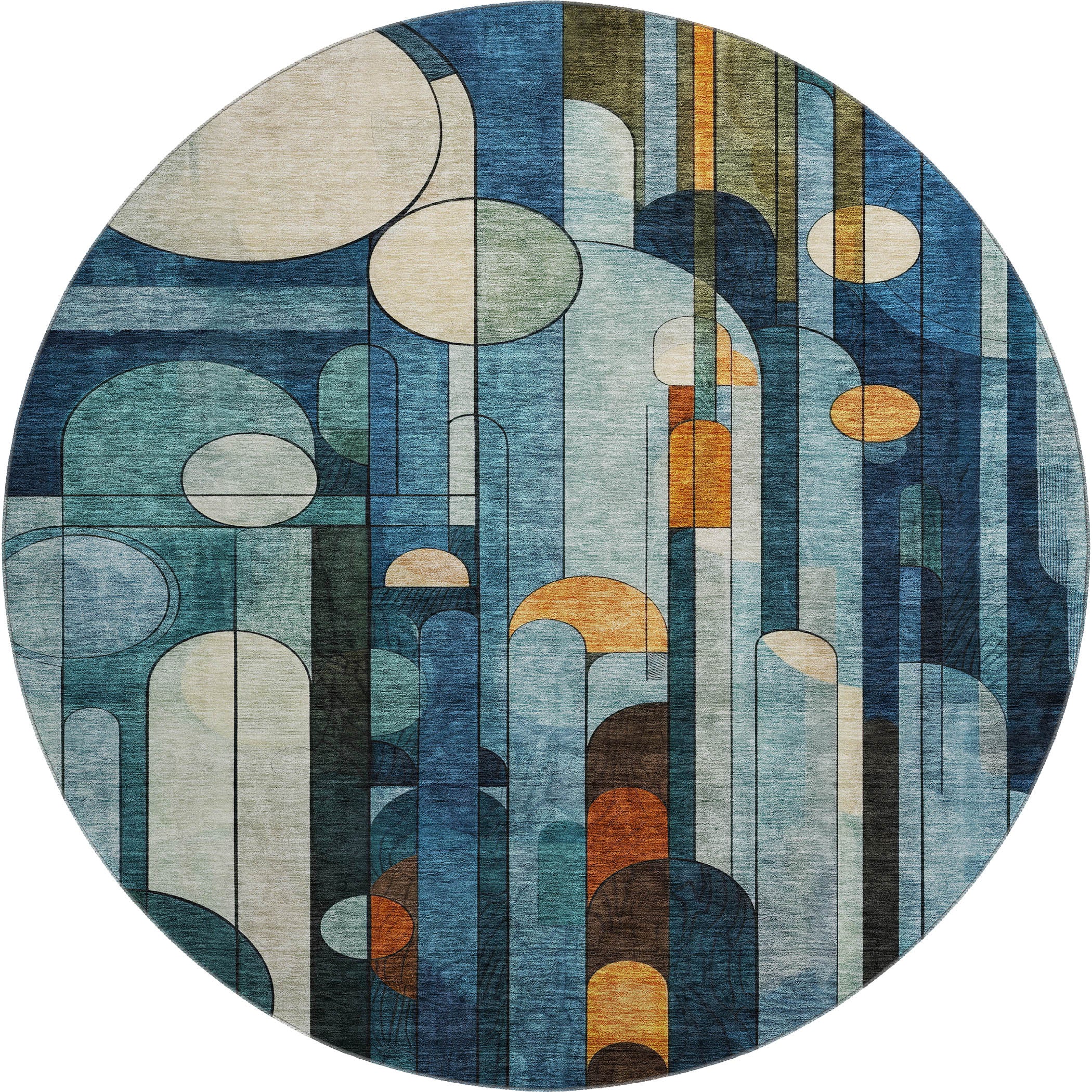 Queenstown Machine Washable Transitional Blue Rug 8' x 8' #shape_Round