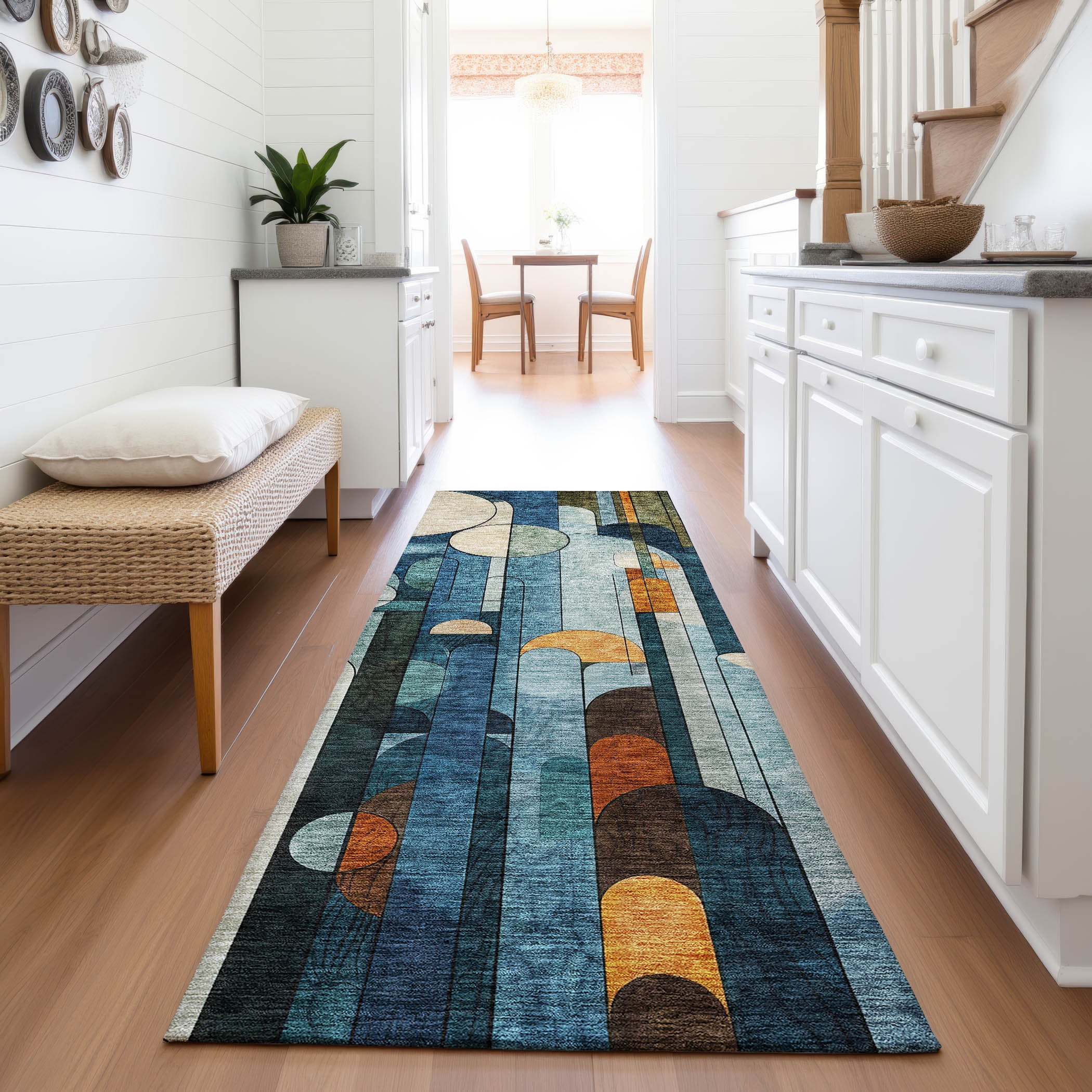 Queenstown Machine Washable Transitional Blue Rug 2'3" x 7'6" #shape_Runner