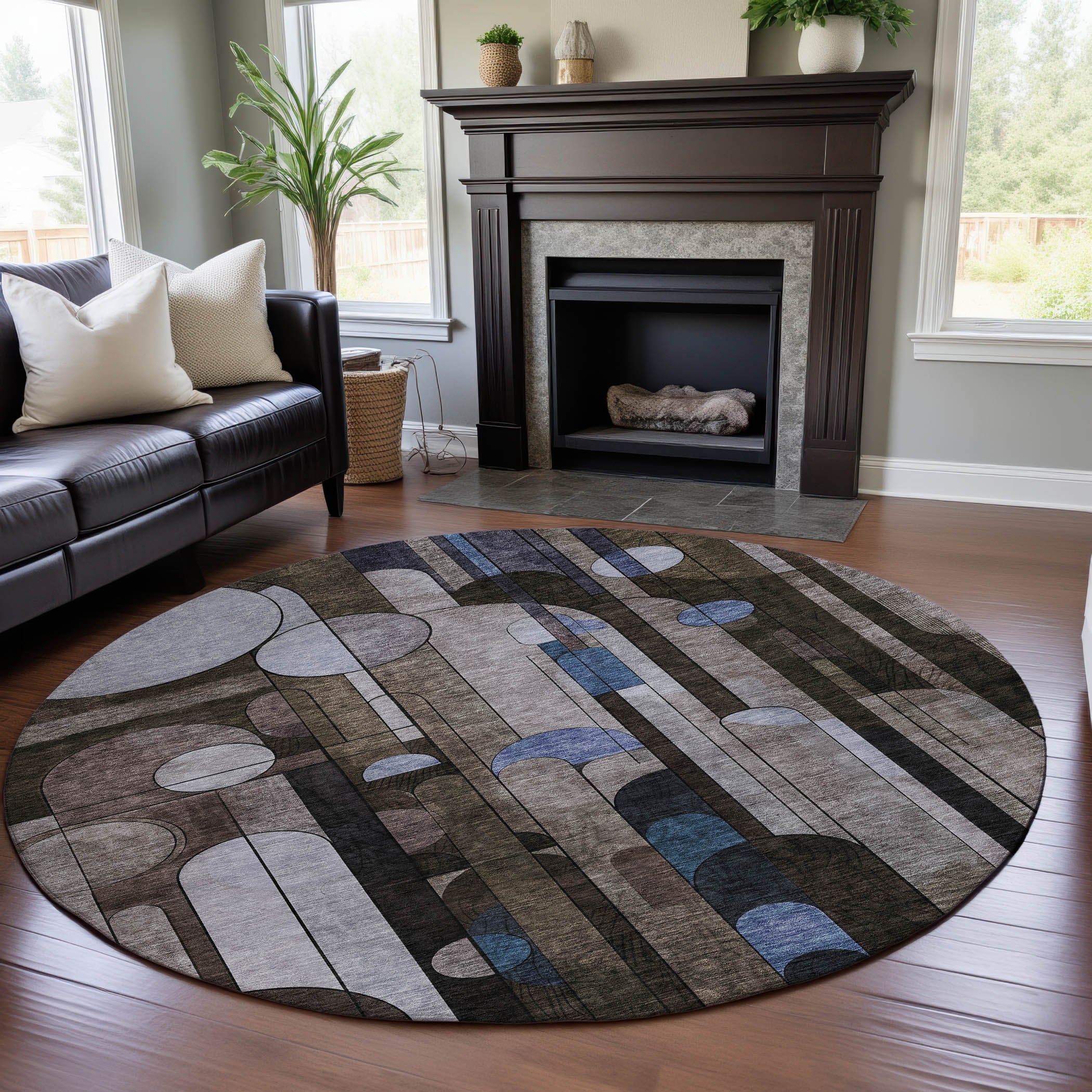 Queenstown Machine Washable Transitional Brown Rug 8' x 8' #shape_Round