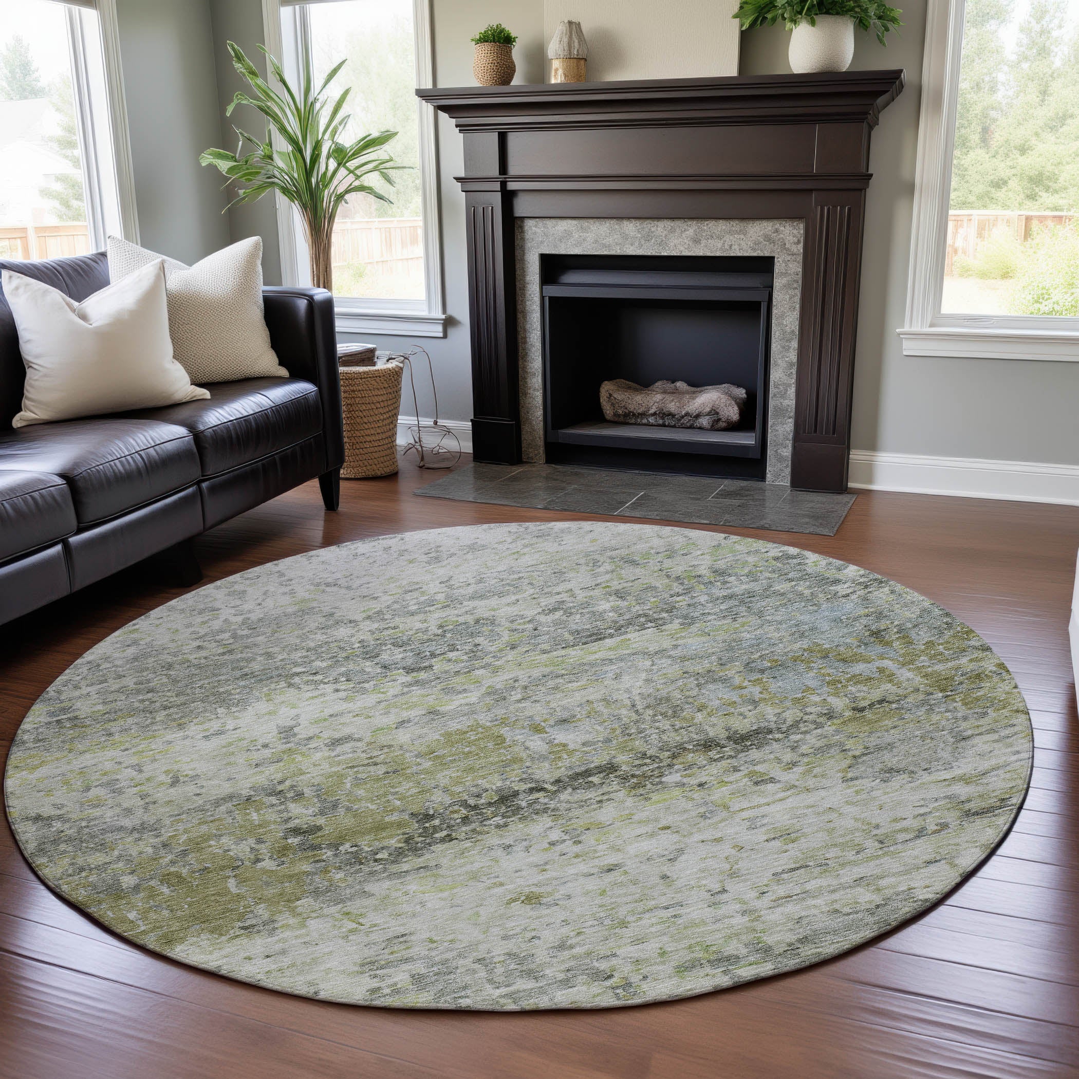 Ghent Machine Washable Transitional Aloe Green Rug 8' x 8' #shape_Round