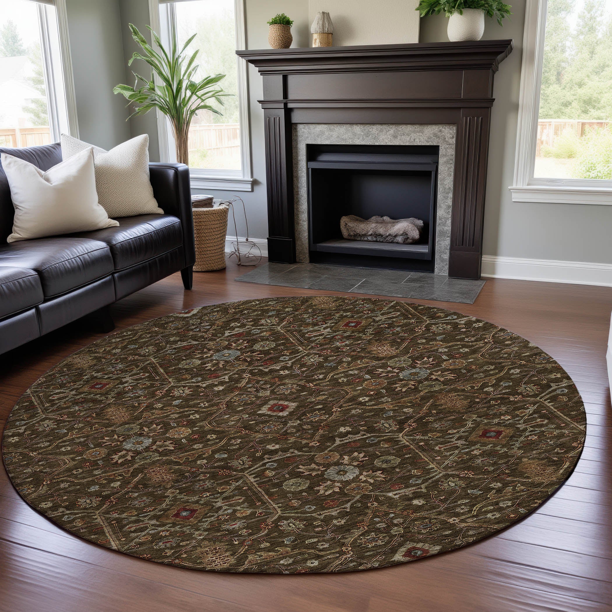 Sarajevo Machine Washable Transitional Chocolate Brown Rug 8' x 8' #shape_Round