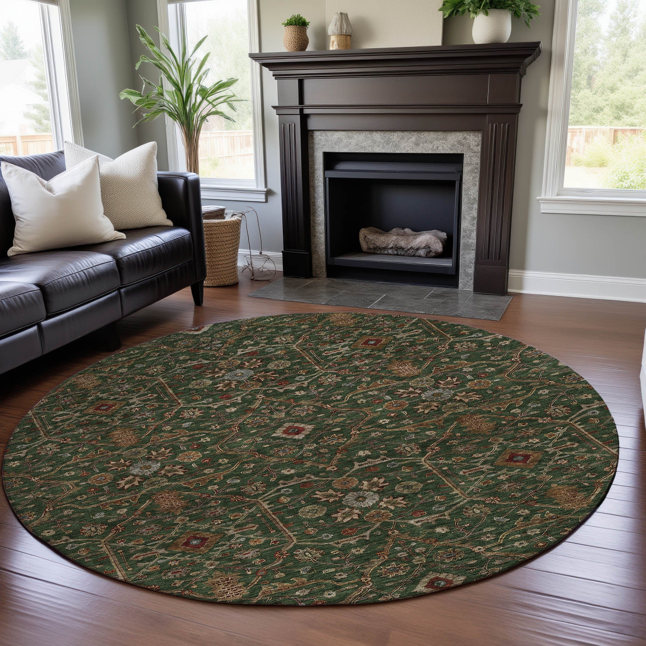Sarajevo Machine Washable Transitional Emerald Green Rug 8' x 8' #shape_Round