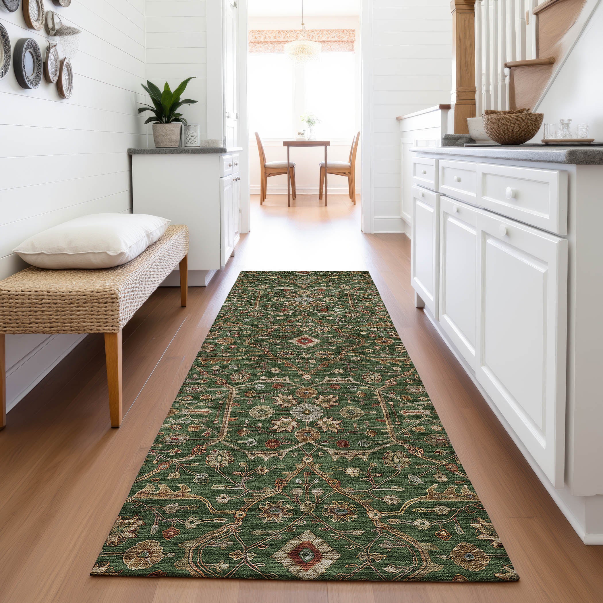 Sarajevo Machine Washable Transitional Emerald Green Rug 2'3" x 7'6" #shape_Runner