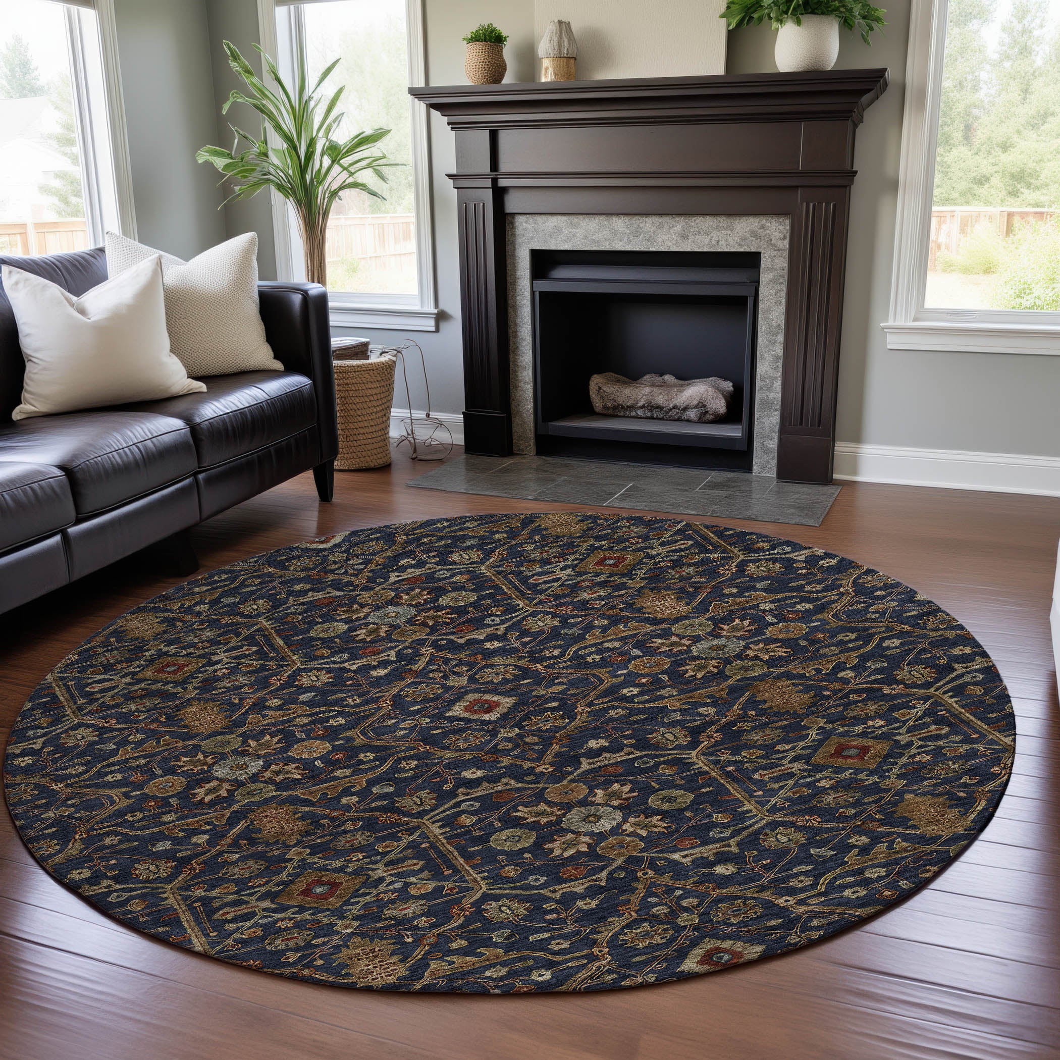 Sarajevo Machine Washable Transitional Navy Blue Rug 8' x 8' #shape_Round