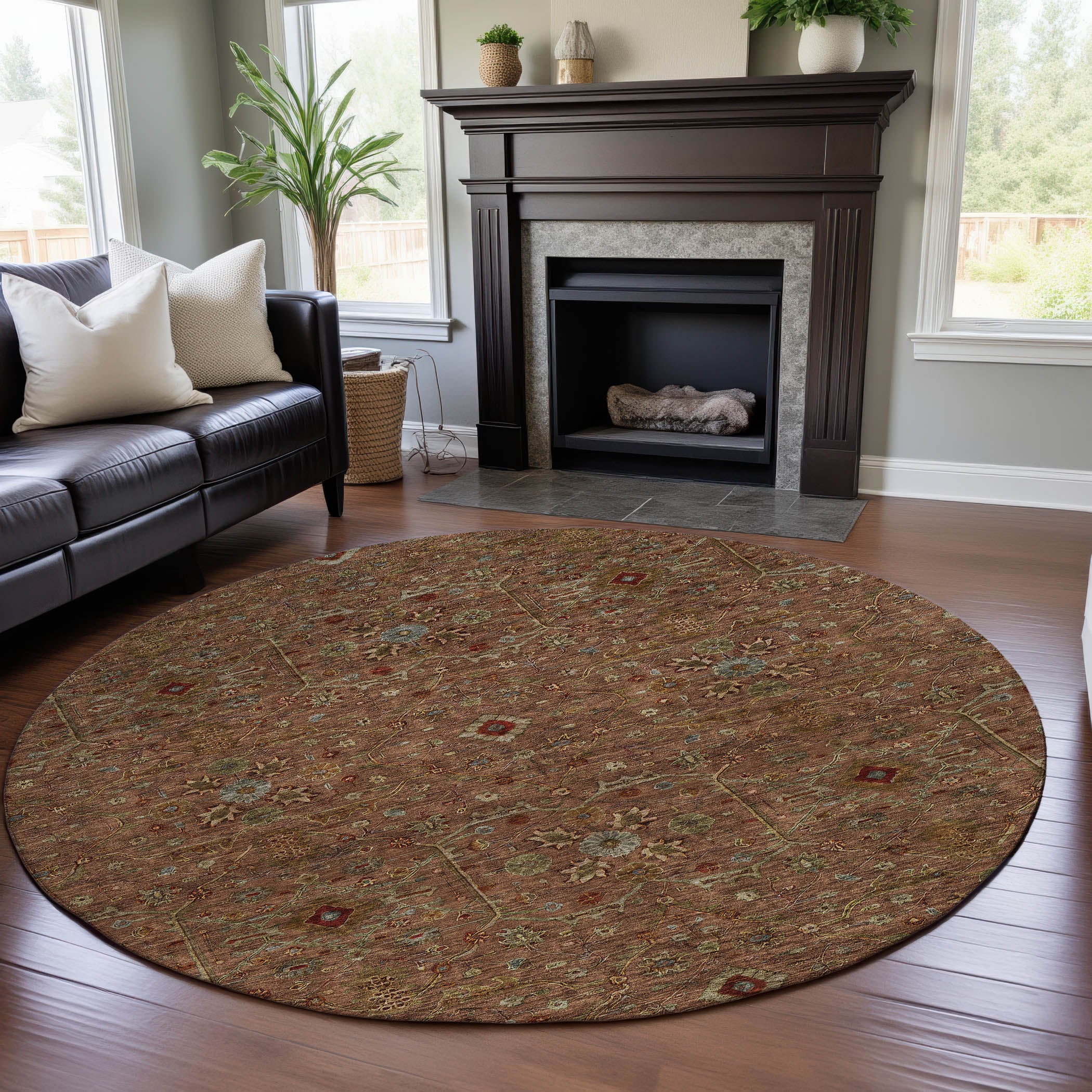 Sarajevo Machine Washable Transitional Paprika Orange Rug 8' x 8' #shape_Round