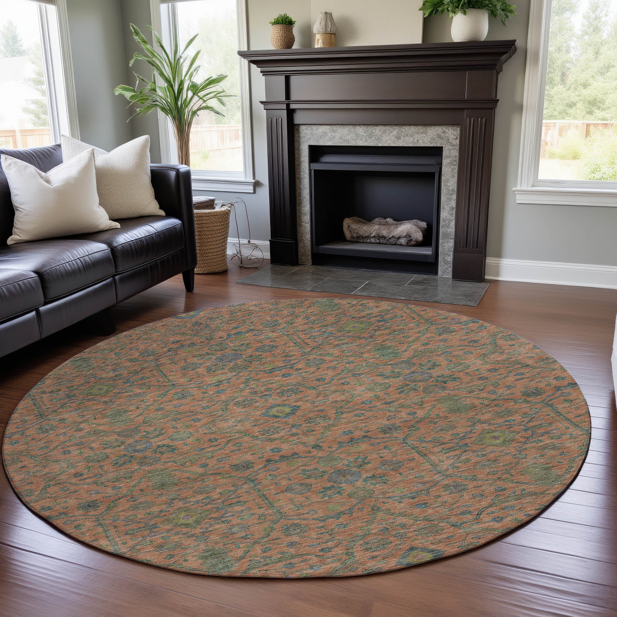 Mdina Machine Washable Transitional Coral Orange Rug 8' x 8' #shape_Round