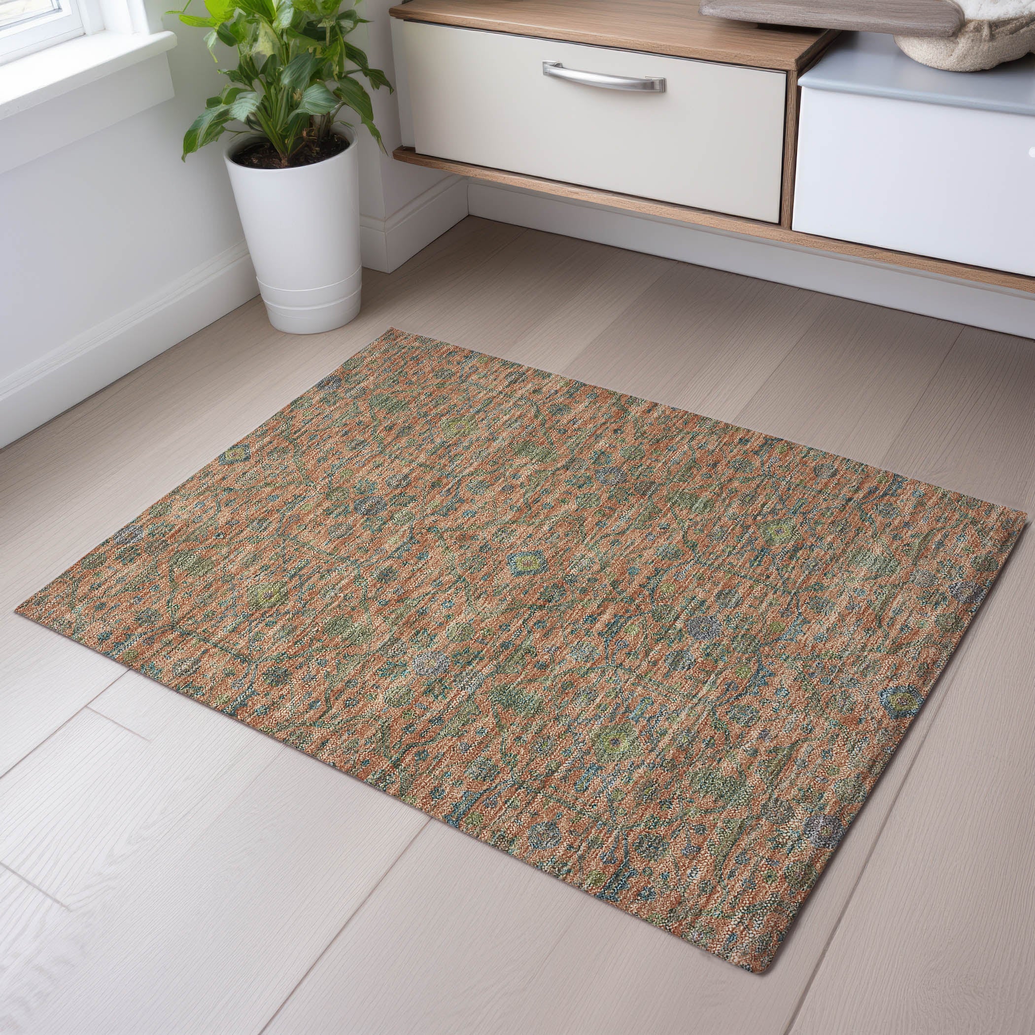 Mdina Machine Washable Transitional Coral Orange Rug 1'8" x 2'6" #shape_Rectangle