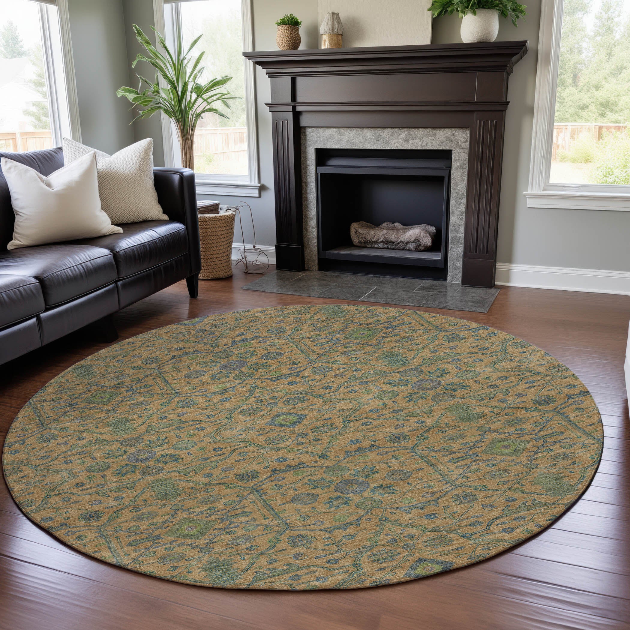 Mdina Machine Washable Transitional Orange Rug 8' x 8' #shape_Round