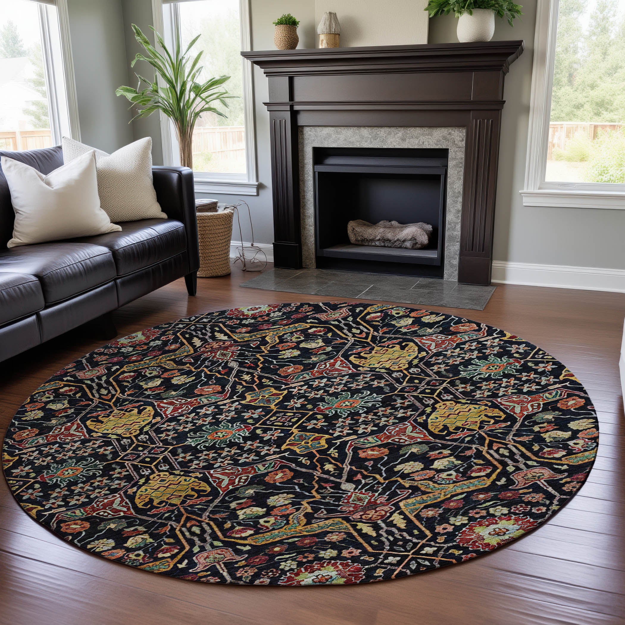 Sarajevo Machine Washable Transitional Black Rug 8' x 8' #shape_Round