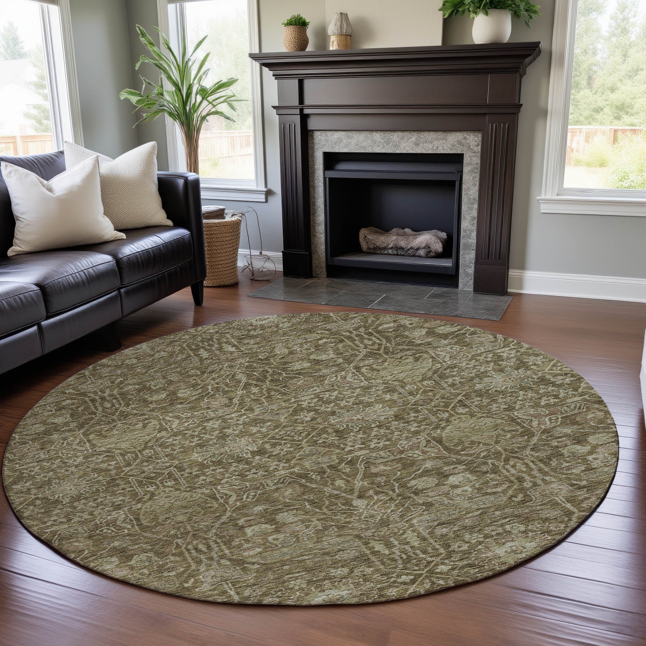 Lucerne Machine Washable Transitional Brown Rug 8' x 8' #shape_Round