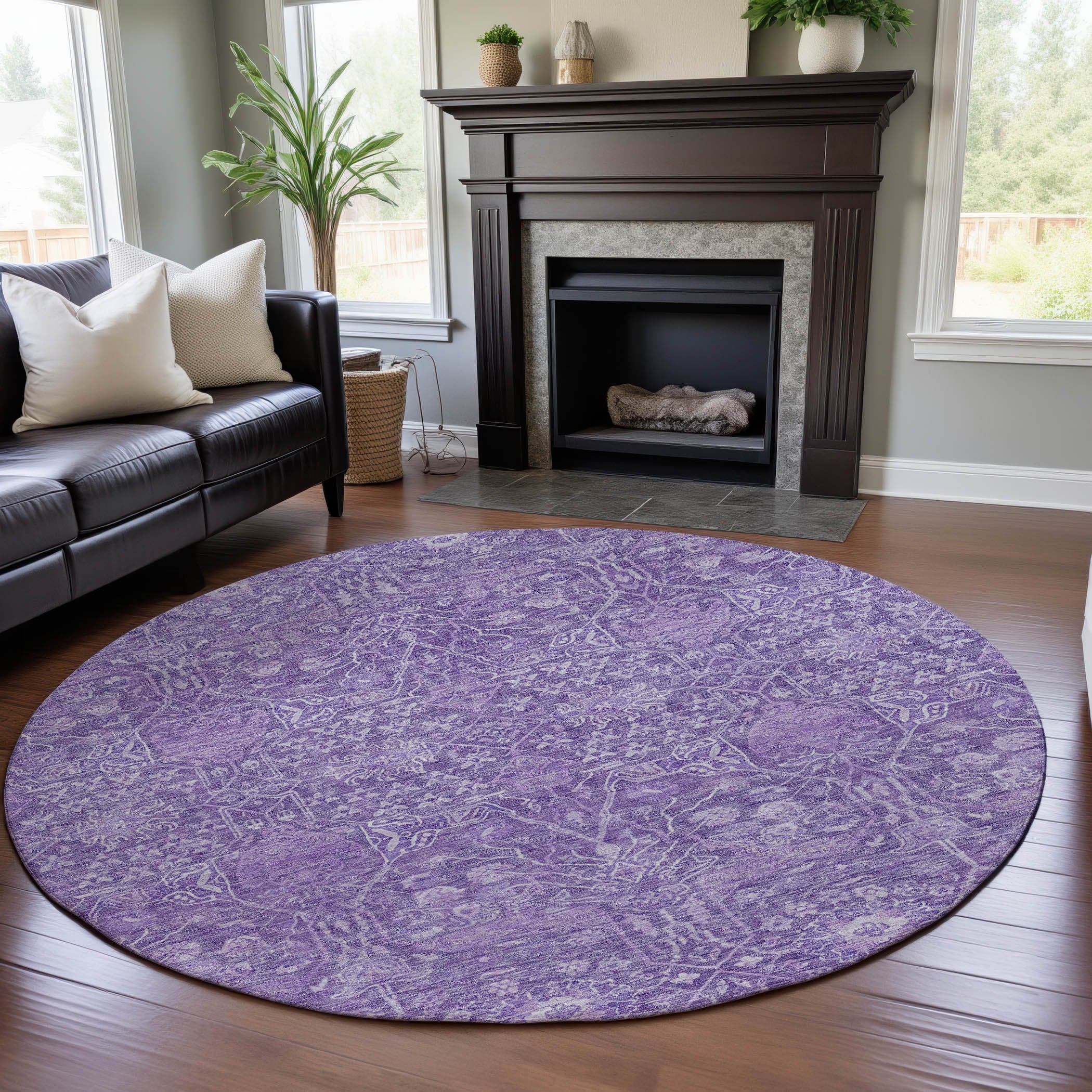 Lucerne Machine Washable Transitional Plum Purple Rug 8' x 8' #shape_Round