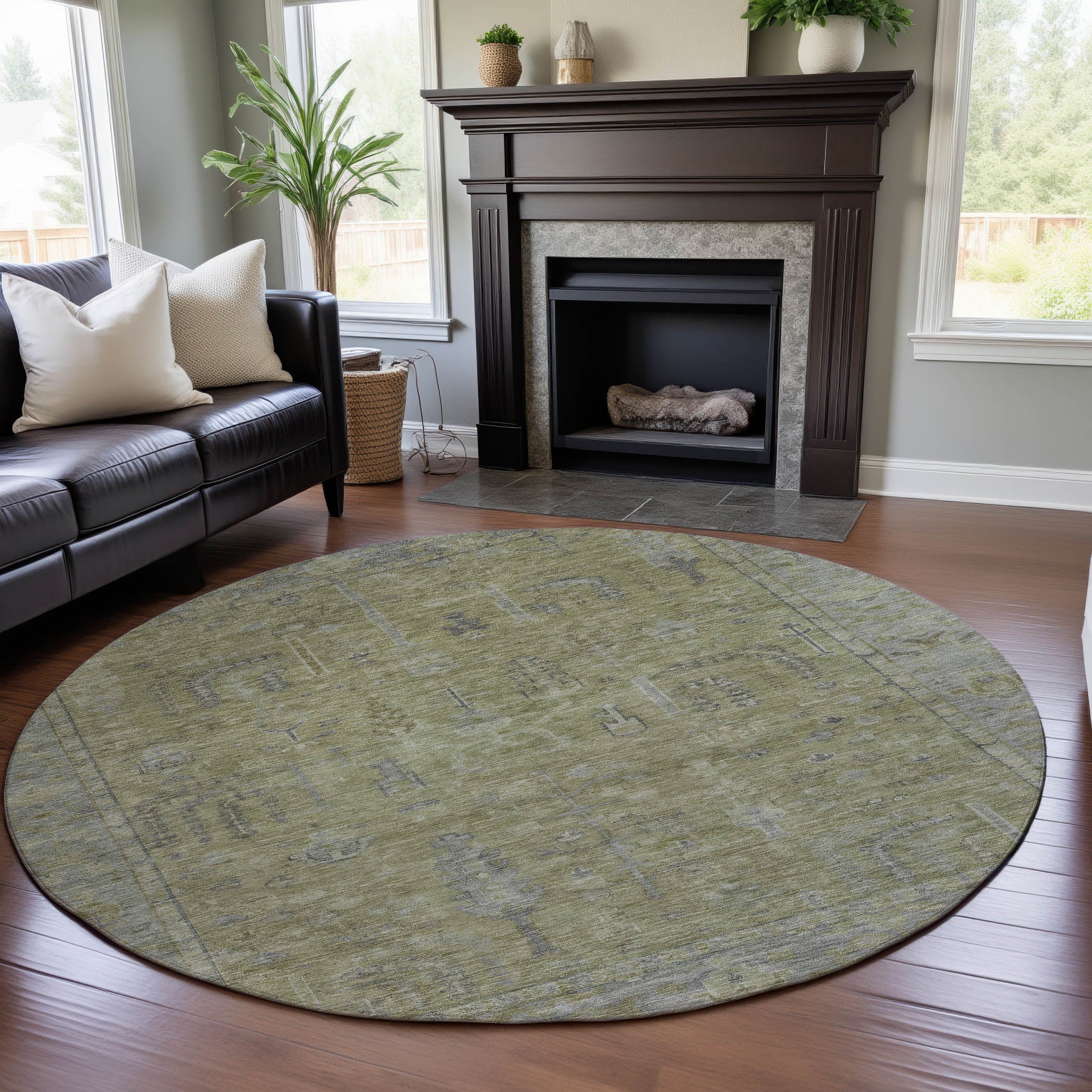 Kathmandu Machine Washable Traditional Aloe Green Rug 8' x 8' #shape_Round