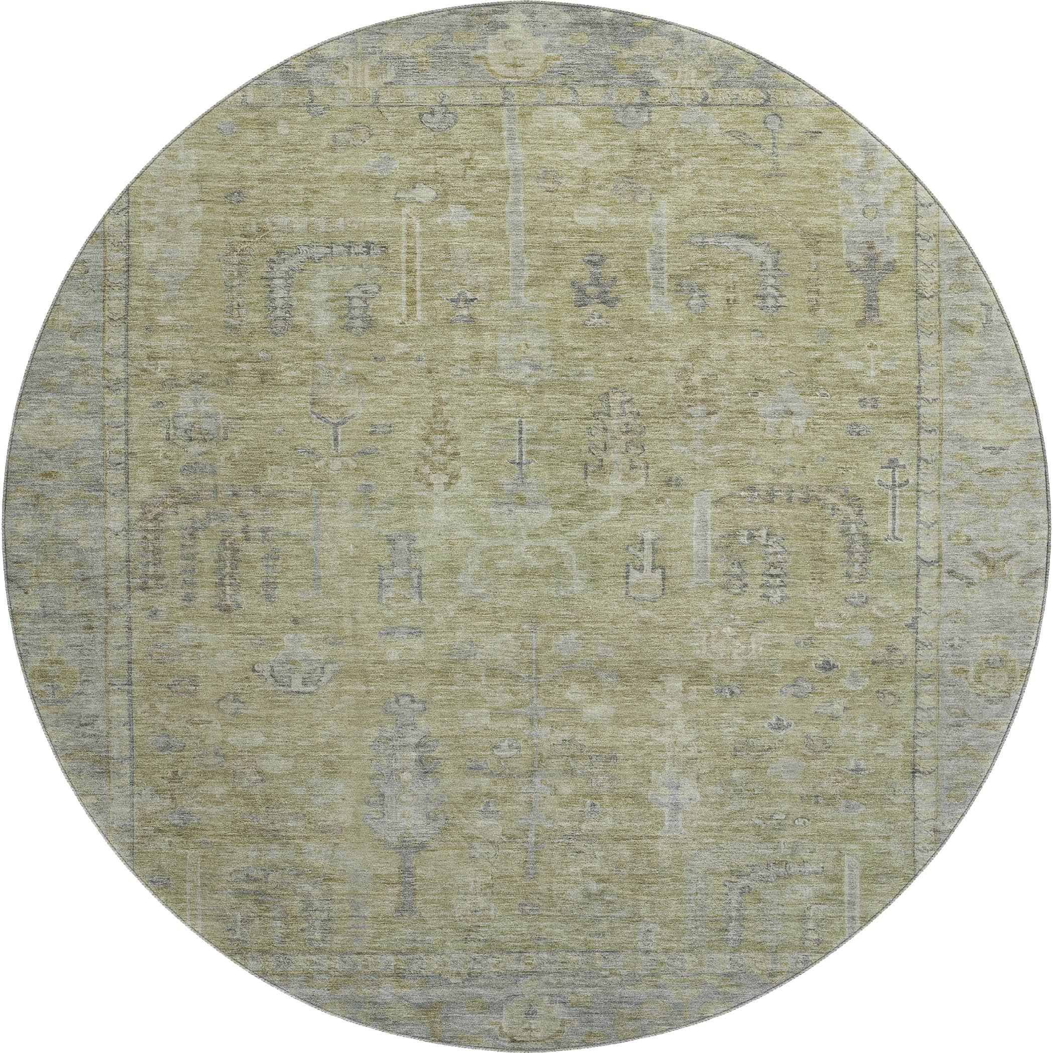 Kathmandu Machine Washable Traditional Aloe Green Rug 8' x 8' #shape_Round