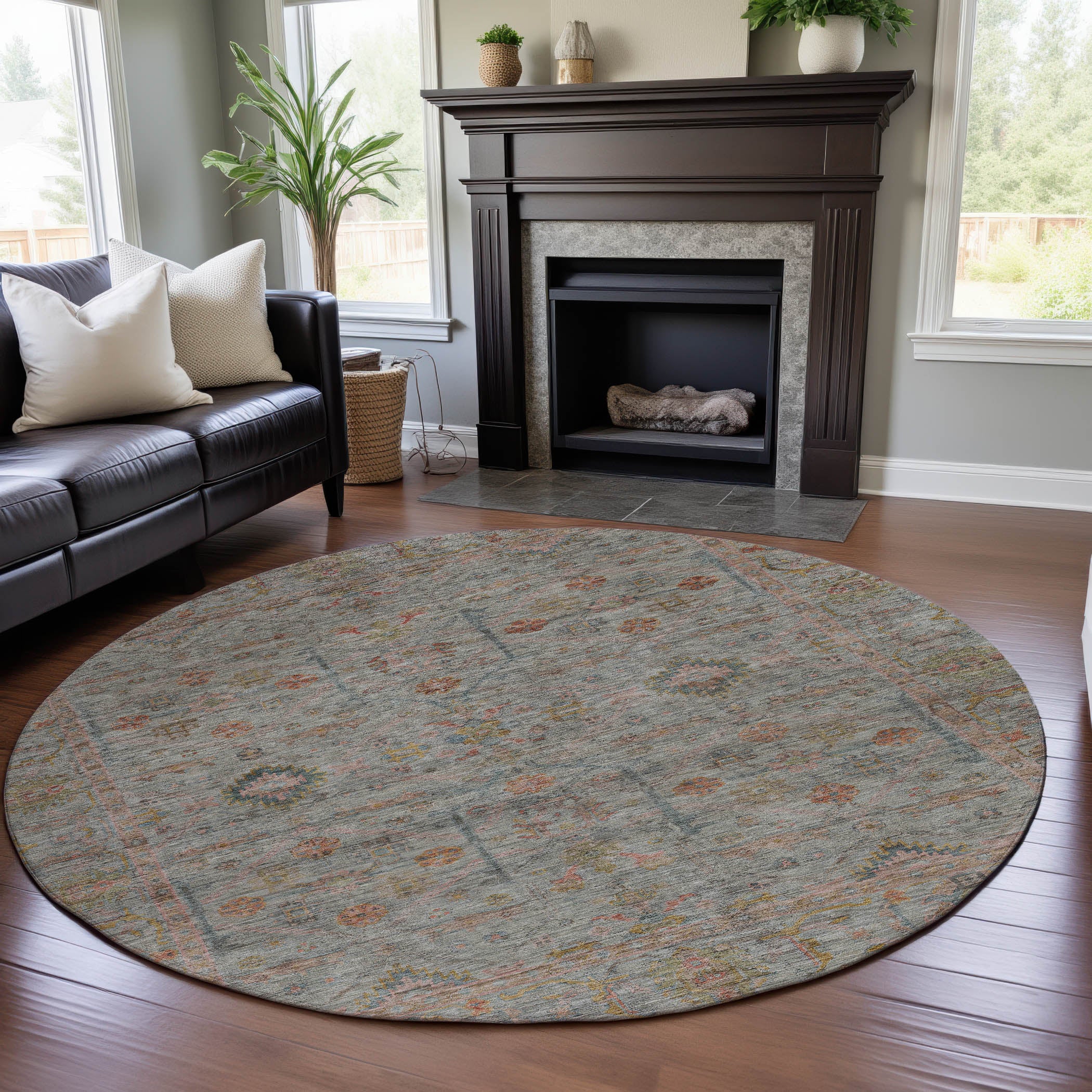 Colombo Machine Washable Traditional Taupe Brown Rug 8' x 8' #shape_Round
