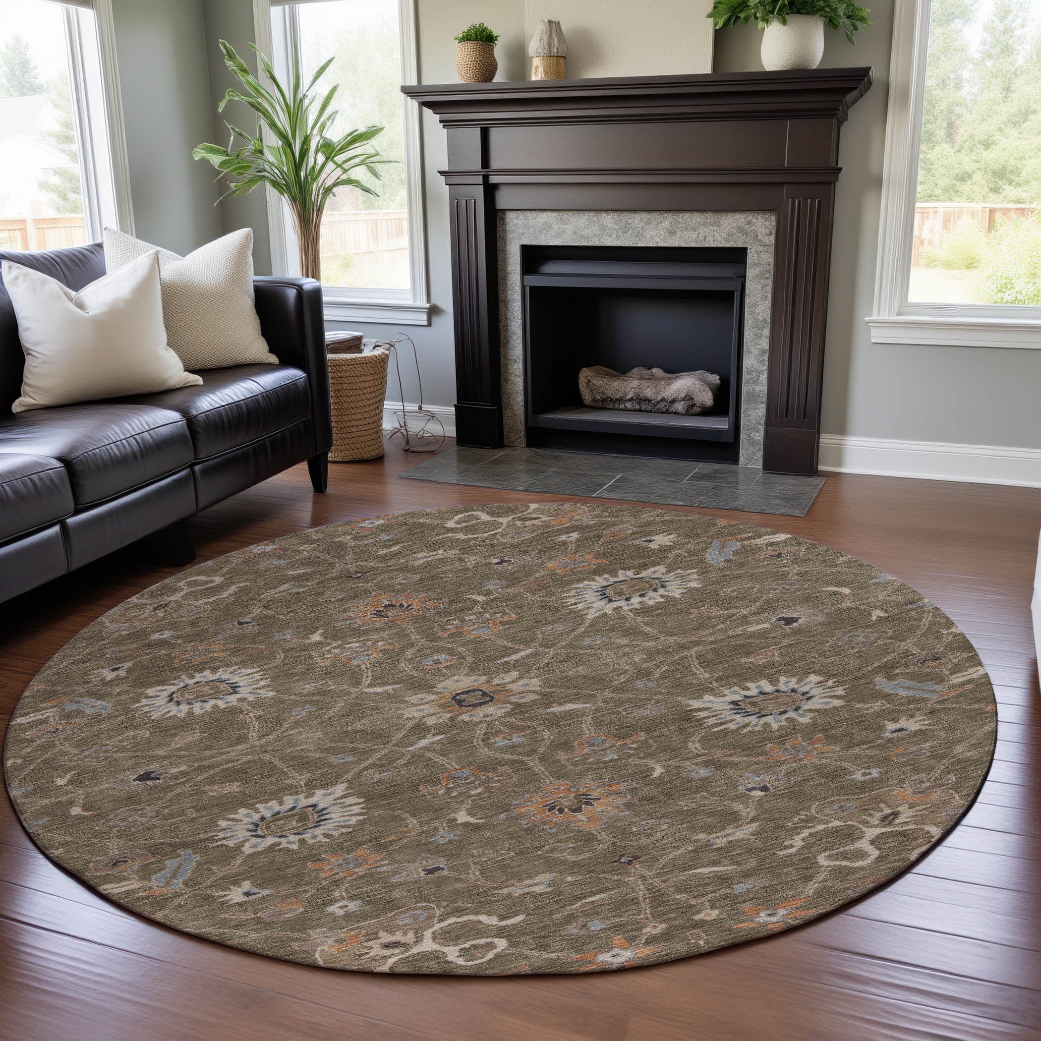 Marrakech Machine Washable Traditional Brown Rug 8' x 8' #shape_Round
