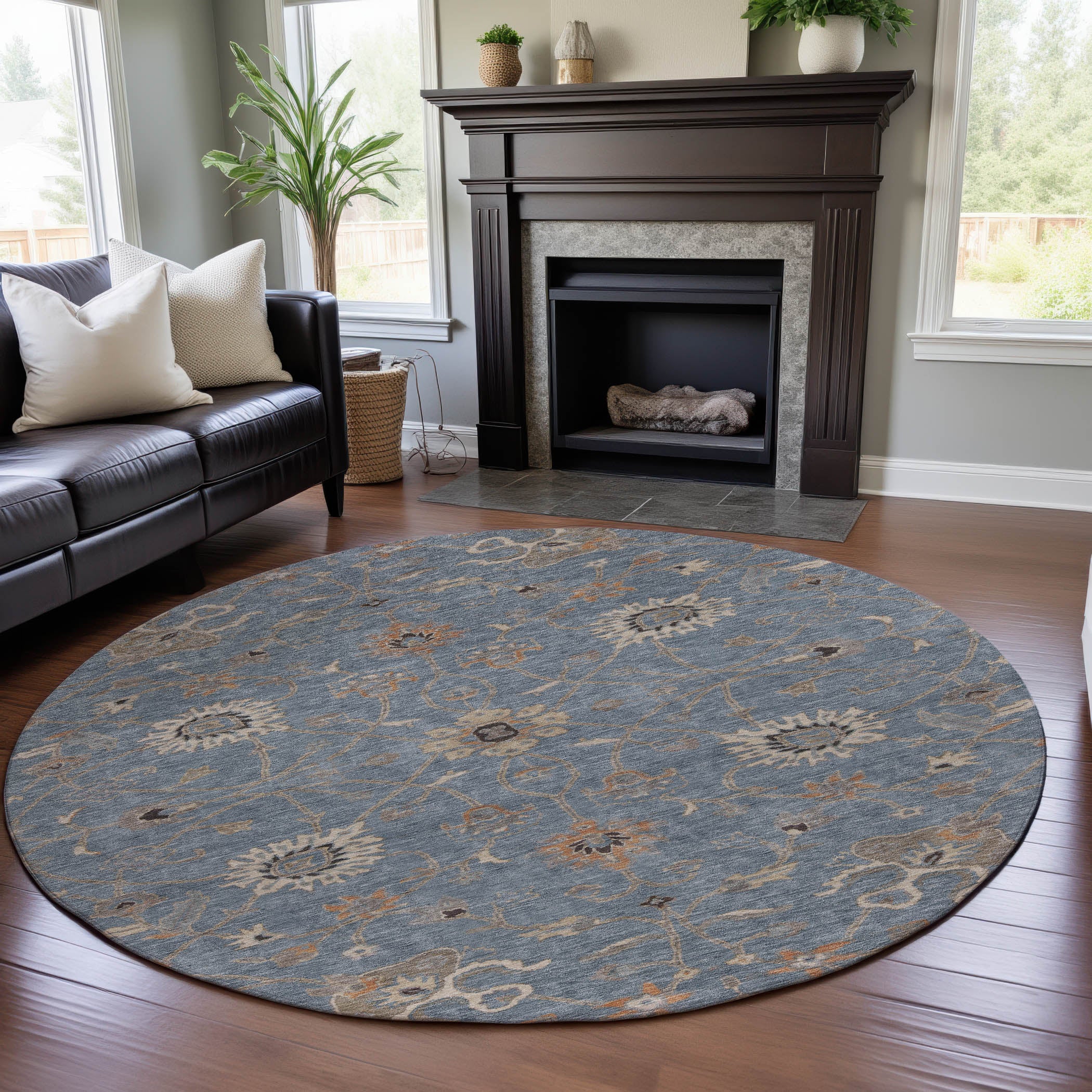 Marrakech Machine Washable Traditional Denim Blue Rug 8' x 8' #shape_Round