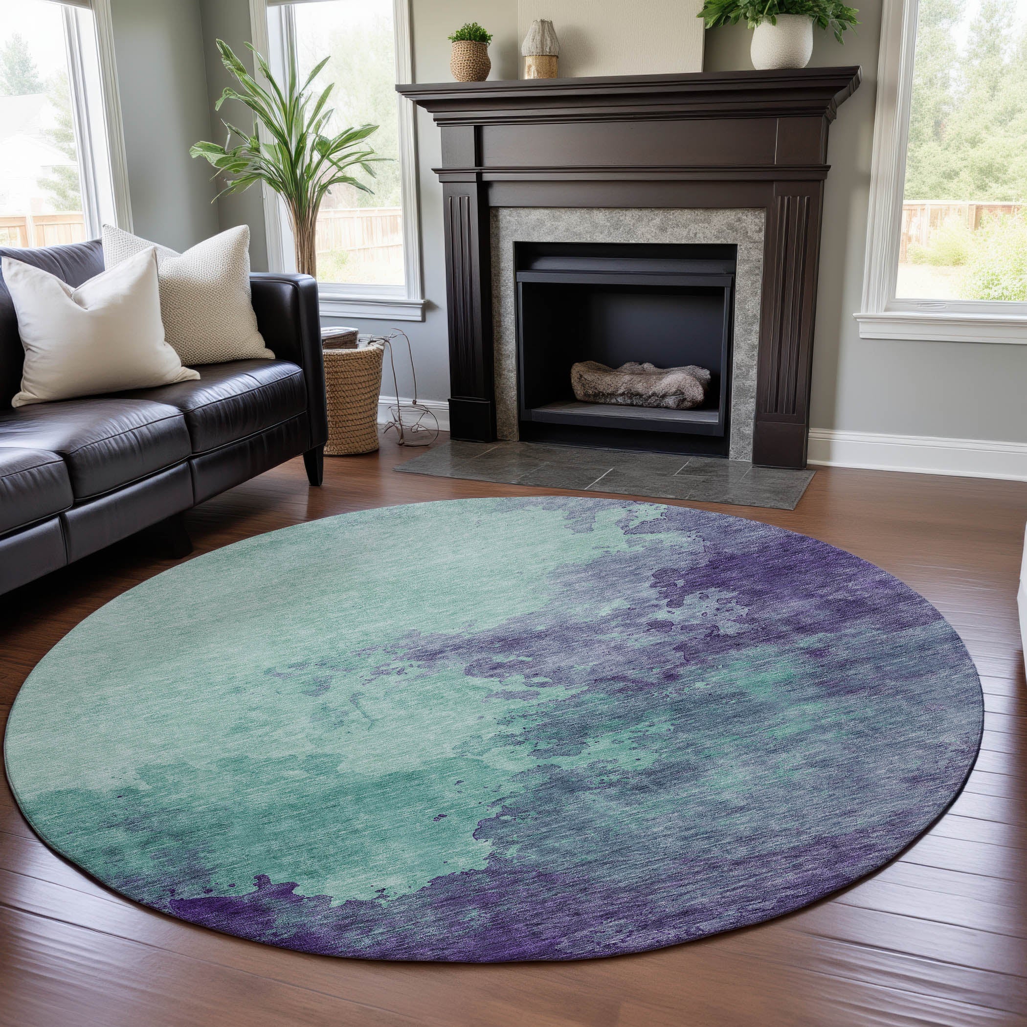 Rome Machine Washable Transitional Seafoam Blue Rug 8' x 8' #shape_Round