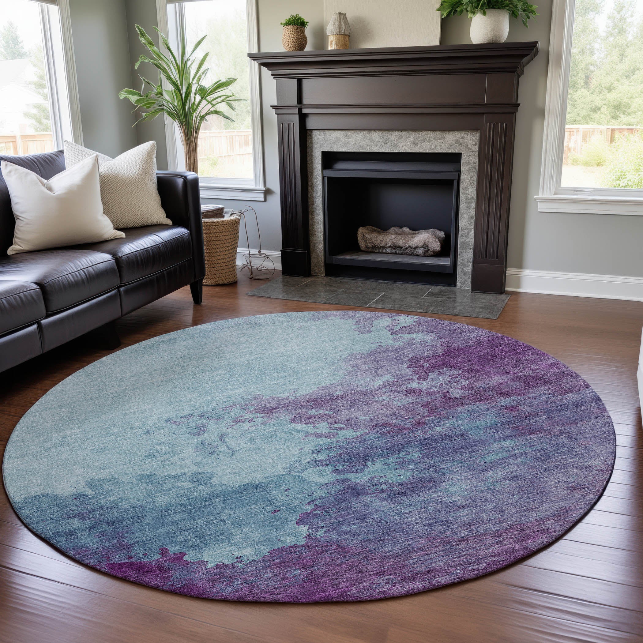 Rome Machine Washable Transitional Sky Blue Rug 8' x 8' #shape_Round