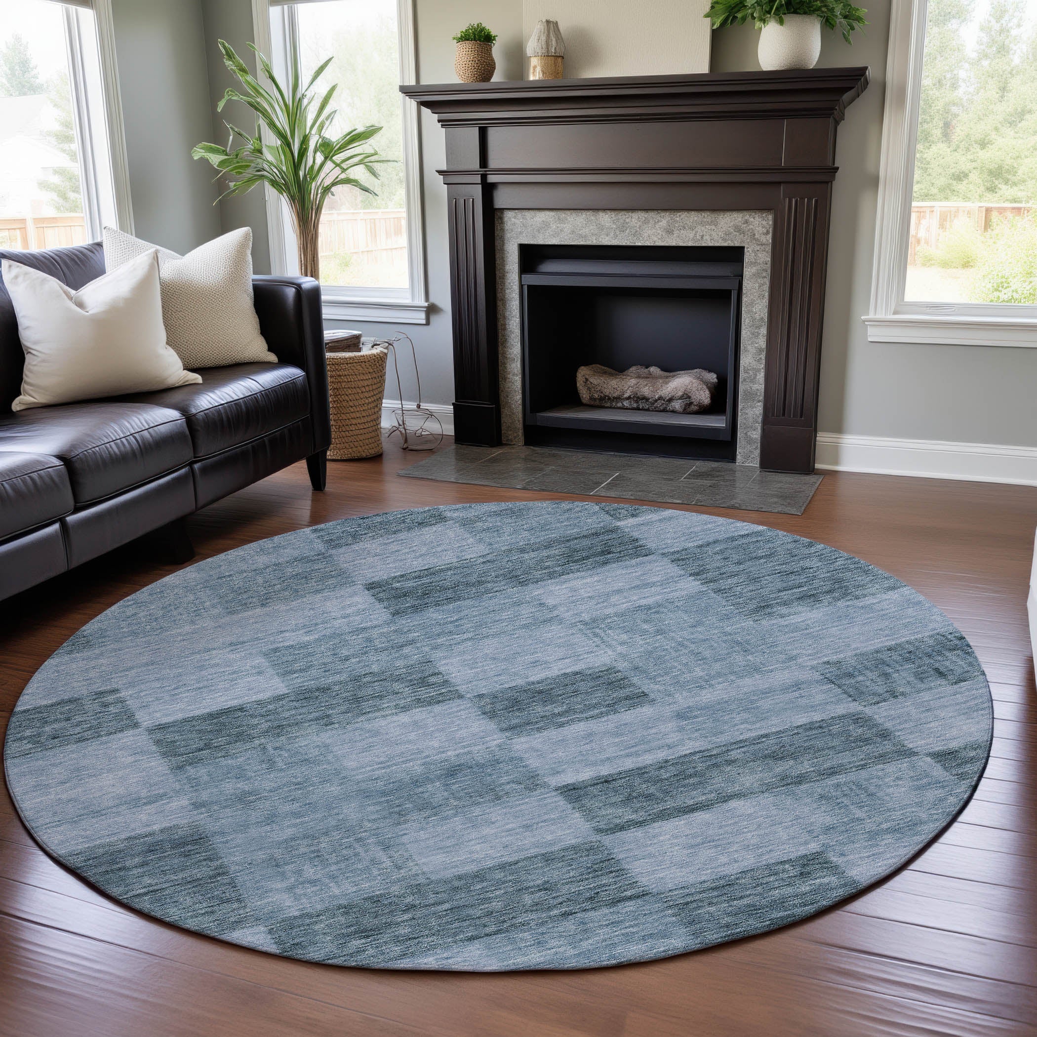 Cairo Machine Washable Transitional Denim Blue Rug 8' x 8' #shape_Round