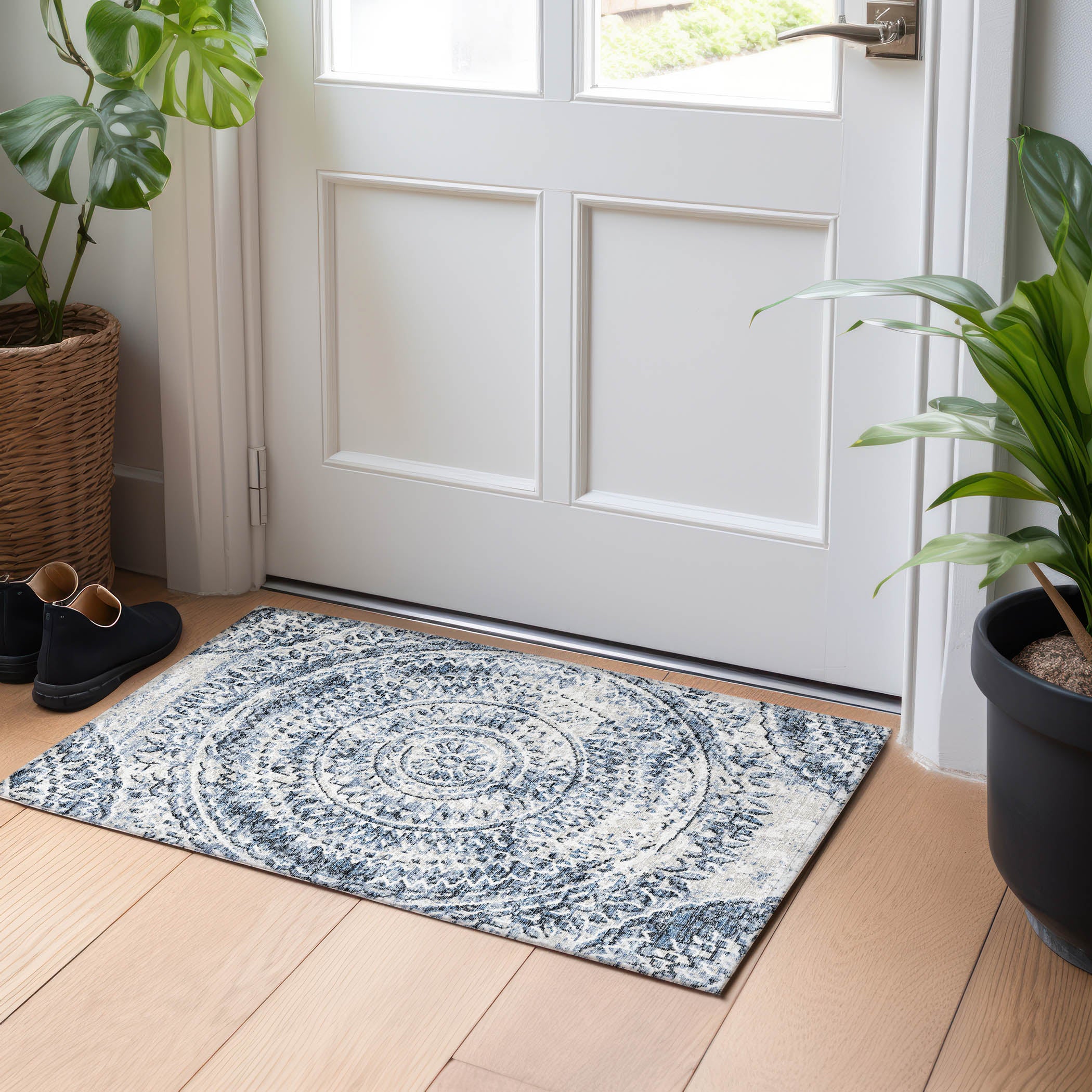 Antigua Machine Washable Transitional Blue Rug 1'8" x 2'6" #shape_Rectangle