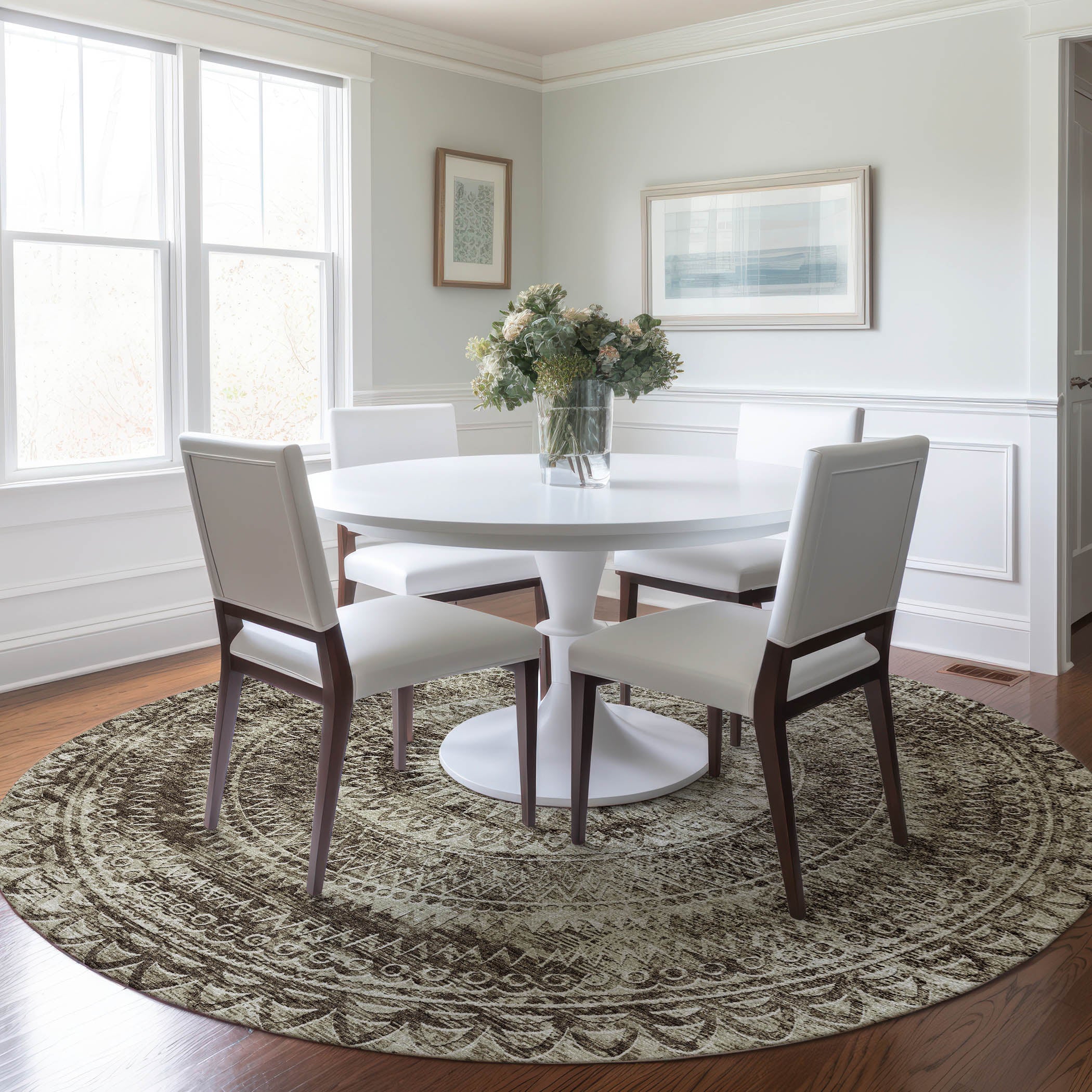 Antigua Machine Washable Transitional Brown Rug 8' x 8' #shape_Round