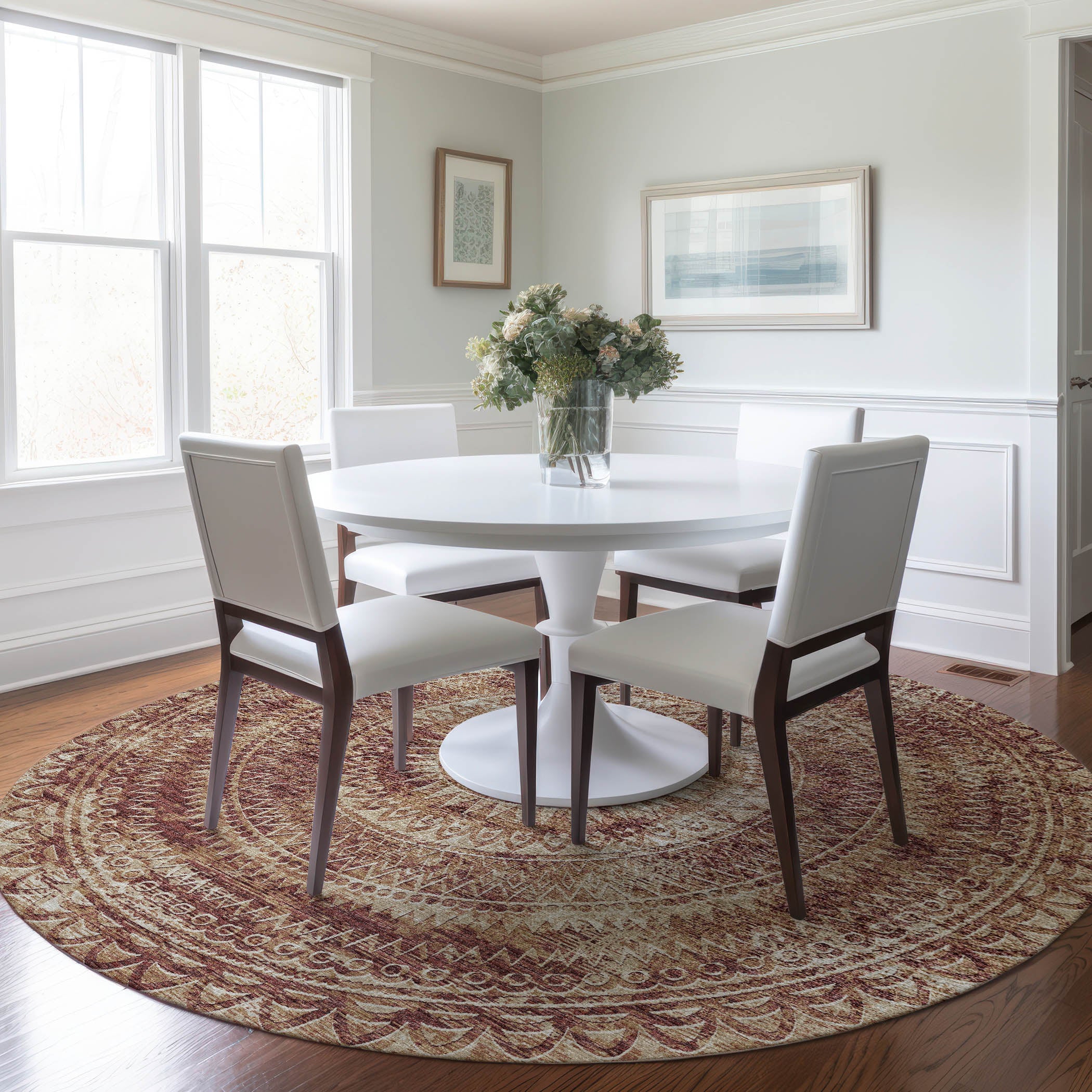 Antigua Machine Washable Transitional Canyon Red Rug 8' x 8' #shape_Round