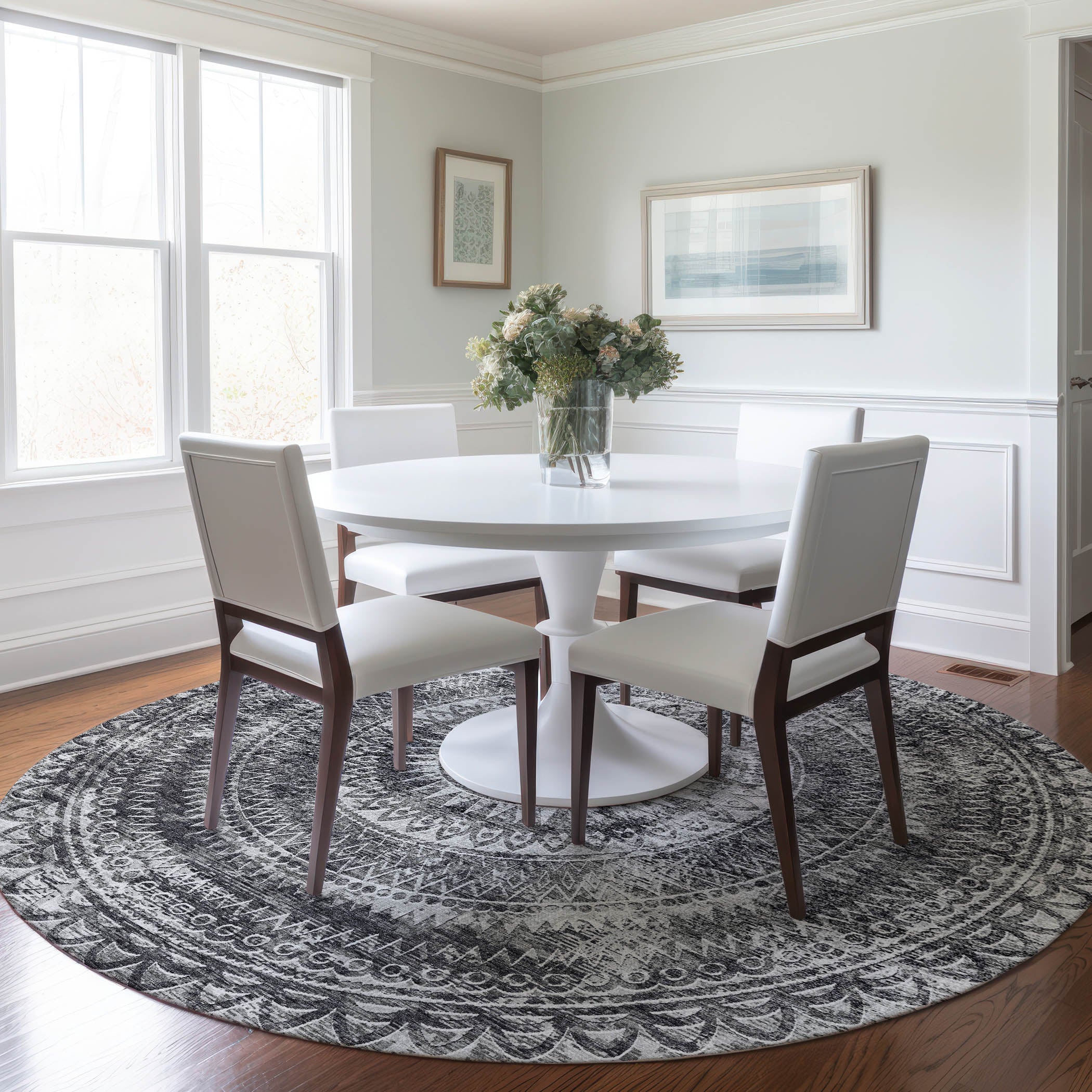 Antigua Machine Washable Transitional Gray Rug 8' x 8' #shape_Round