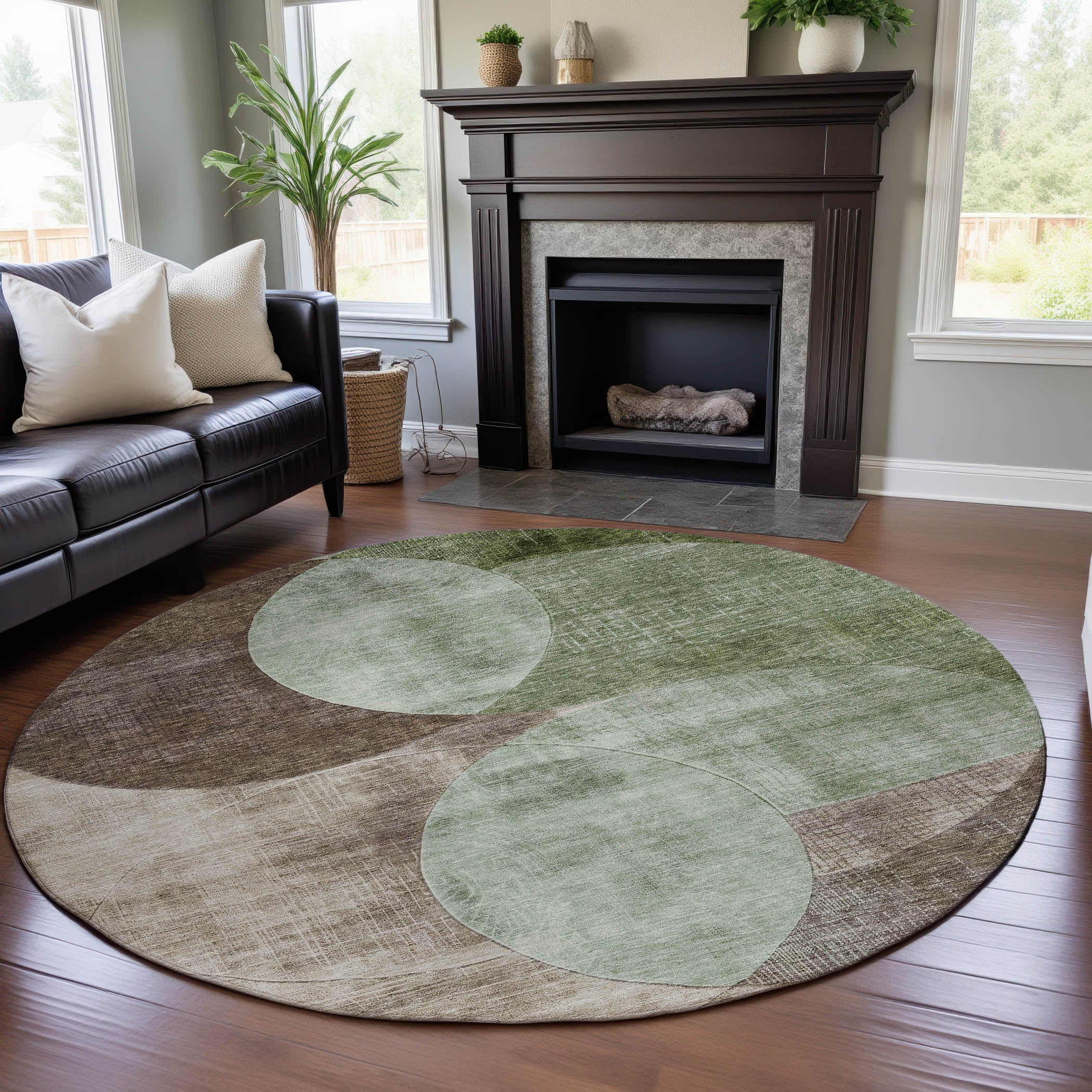 Lisbon Machine Washable Transitional Aloe Green Rug 8' x 8' #shape_Round