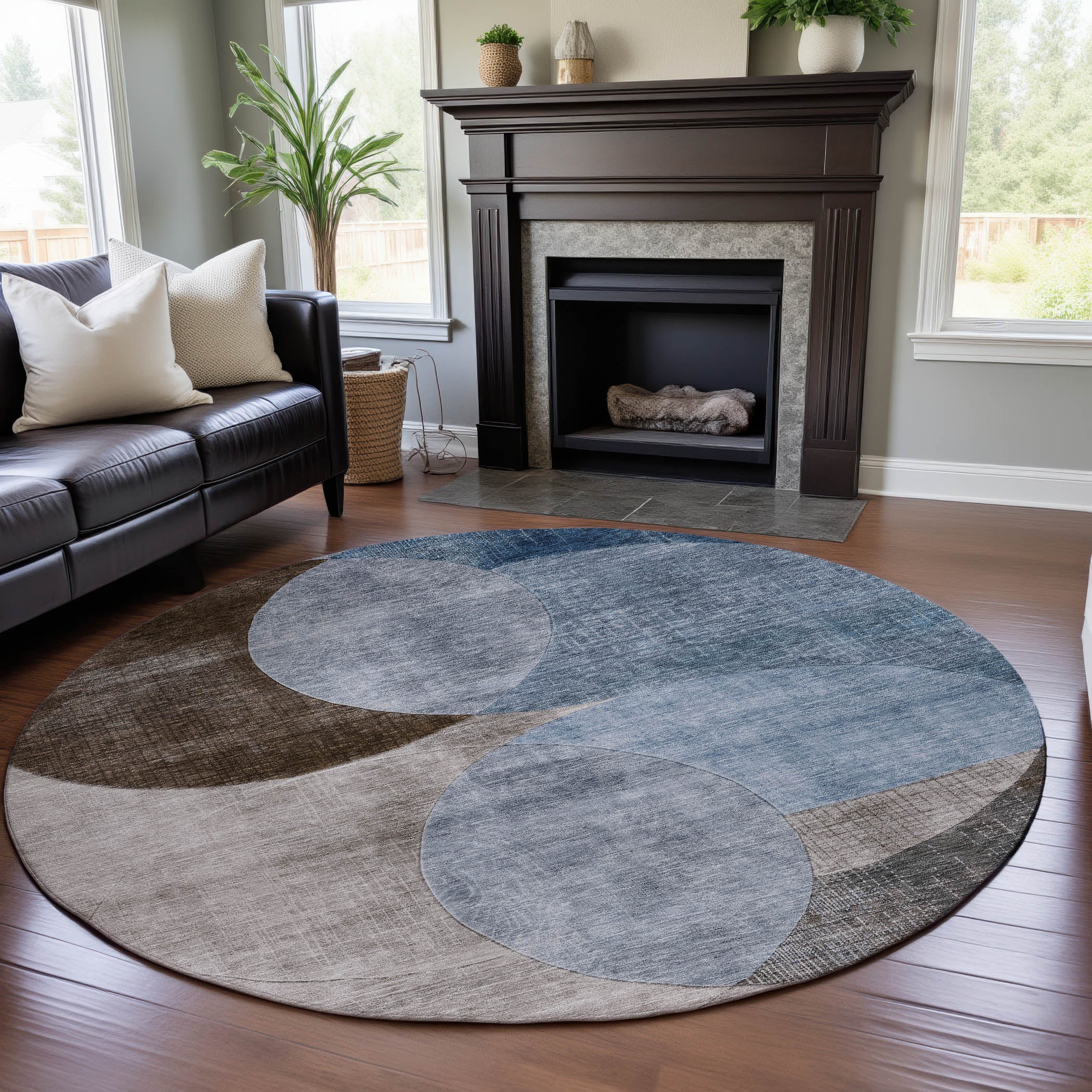 Lisbon Machine Washable Transitional Denim Blue Rug 8' x 8' #shape_Round