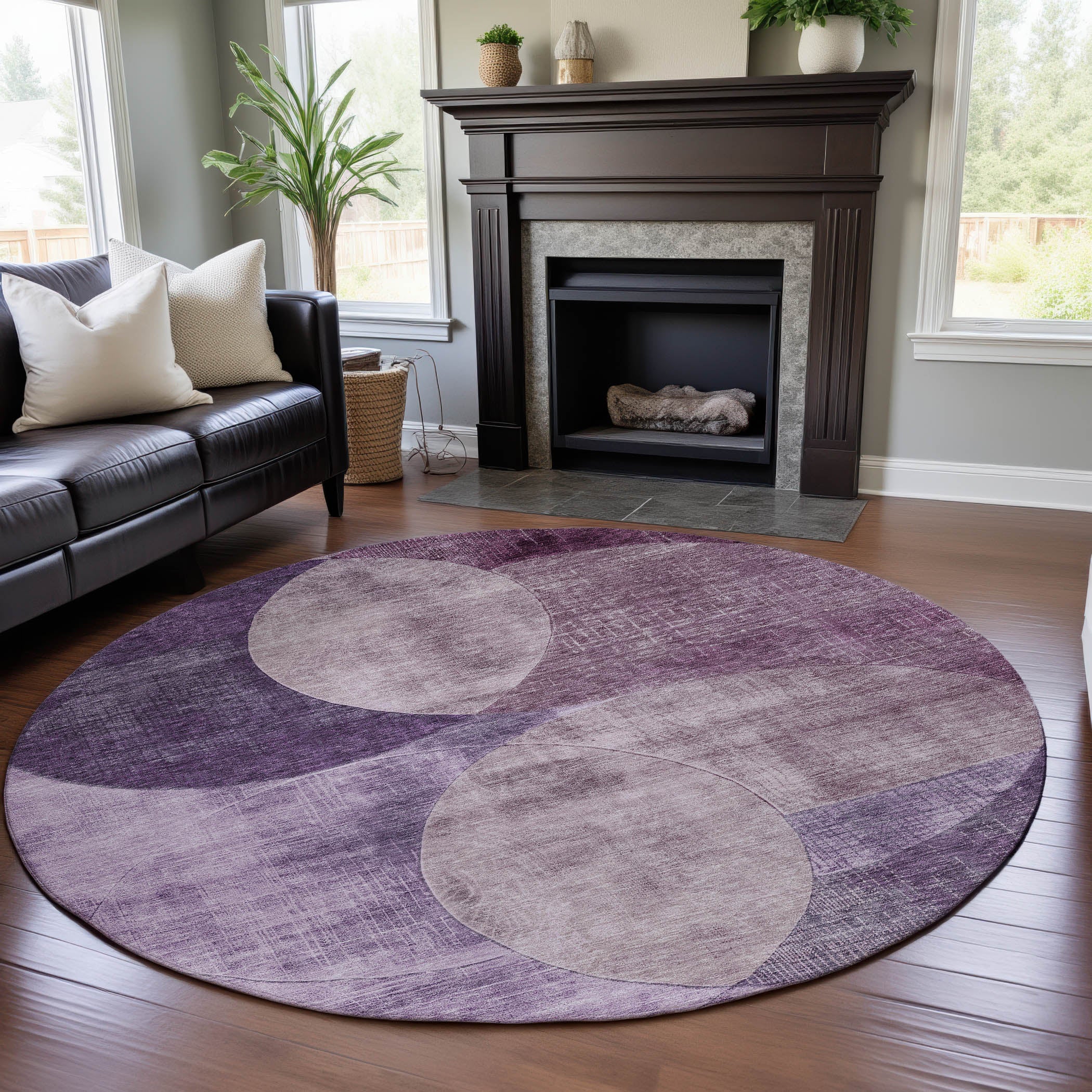 Lisbon Machine Washable Transitional Purple Rug 8' x 8' #shape_Round