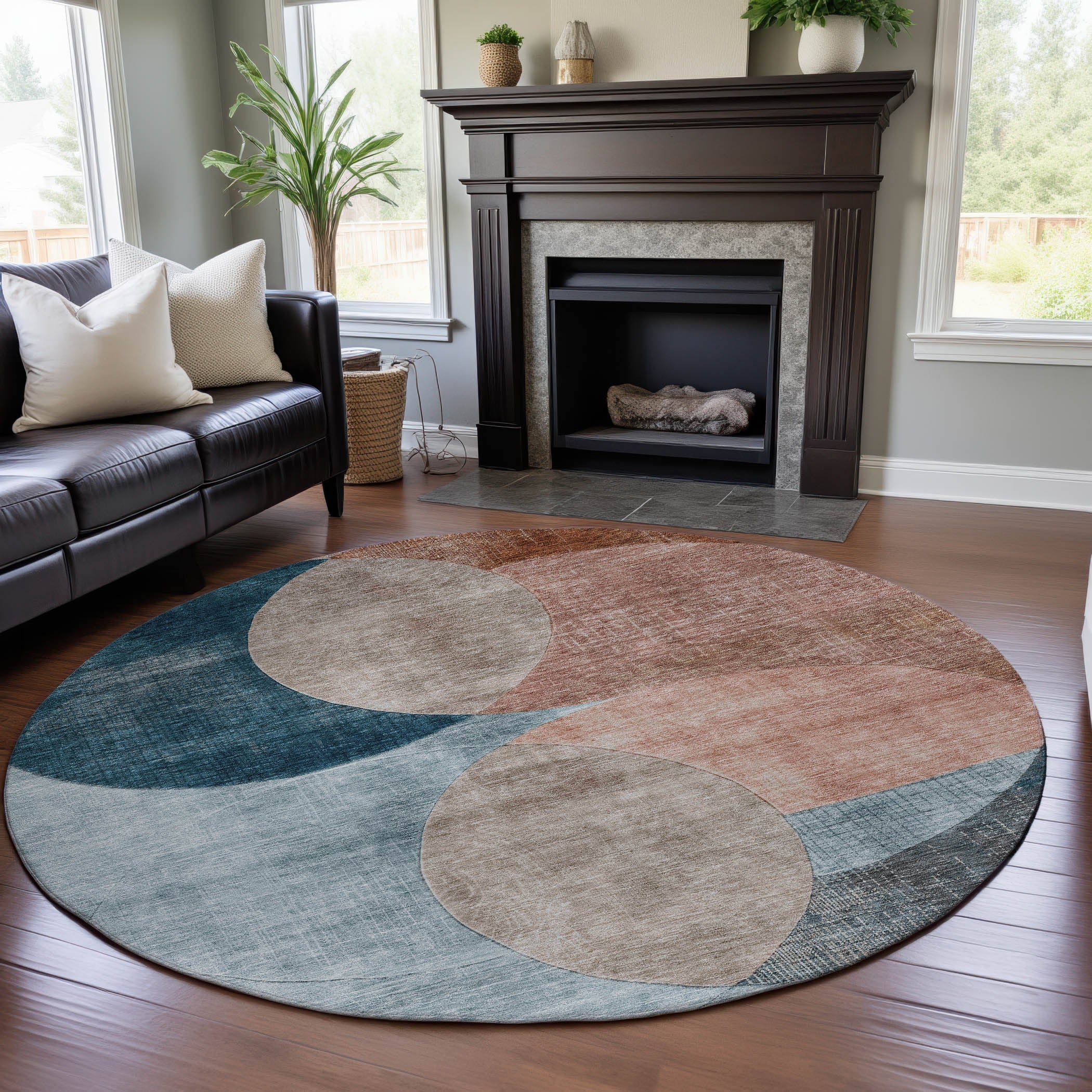Lisbon Machine Washable Transitional Rust Orange Rug 8' x 8' #shape_Round