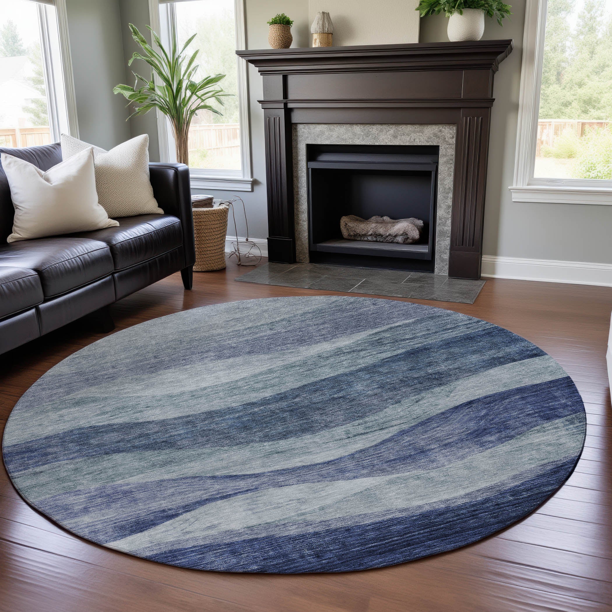 Cusco Machine Washable Transitional Blue Rug 8' x 8' #shape_Round