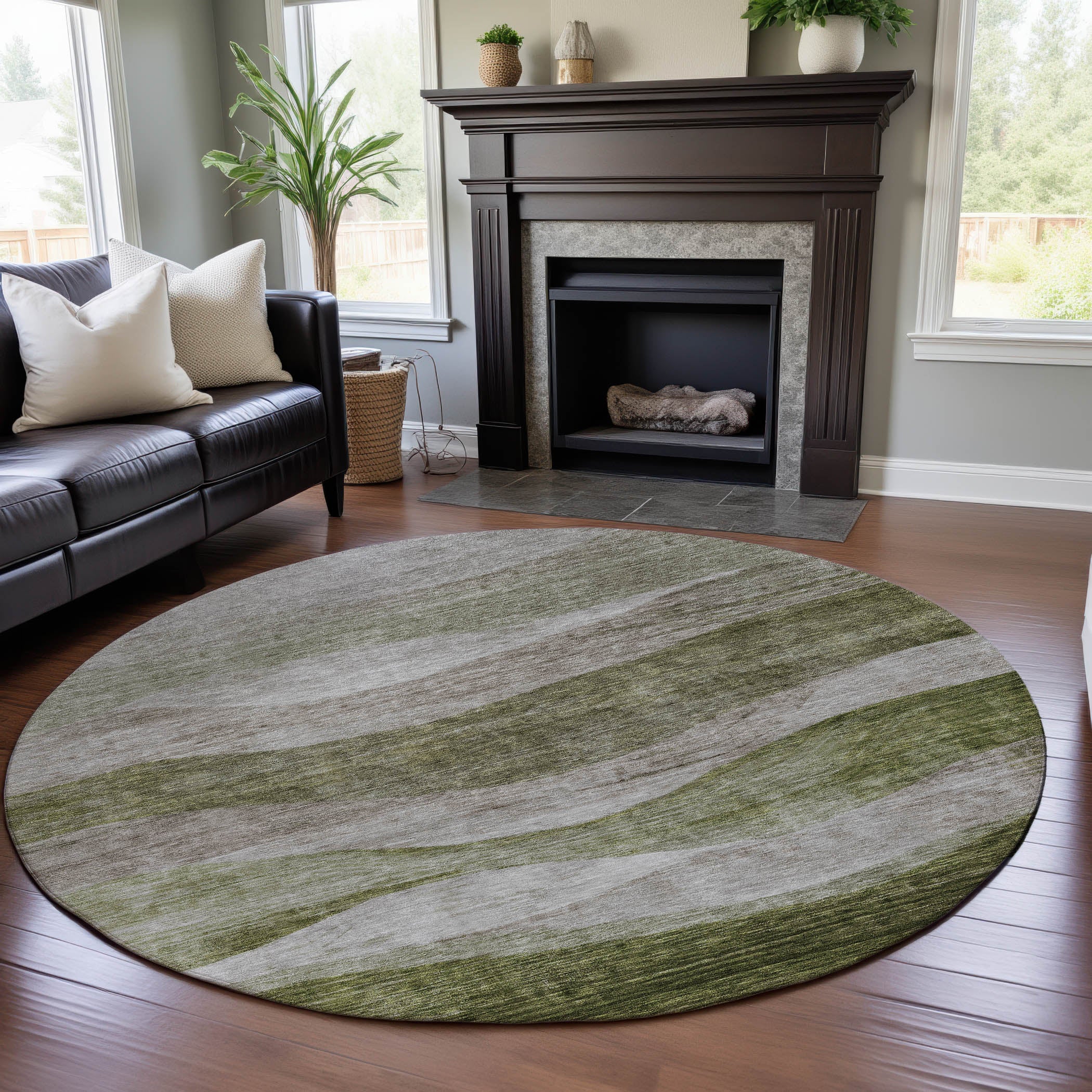 Cusco Machine Washable Transitional Green Rug 8' x 8' #shape_Round