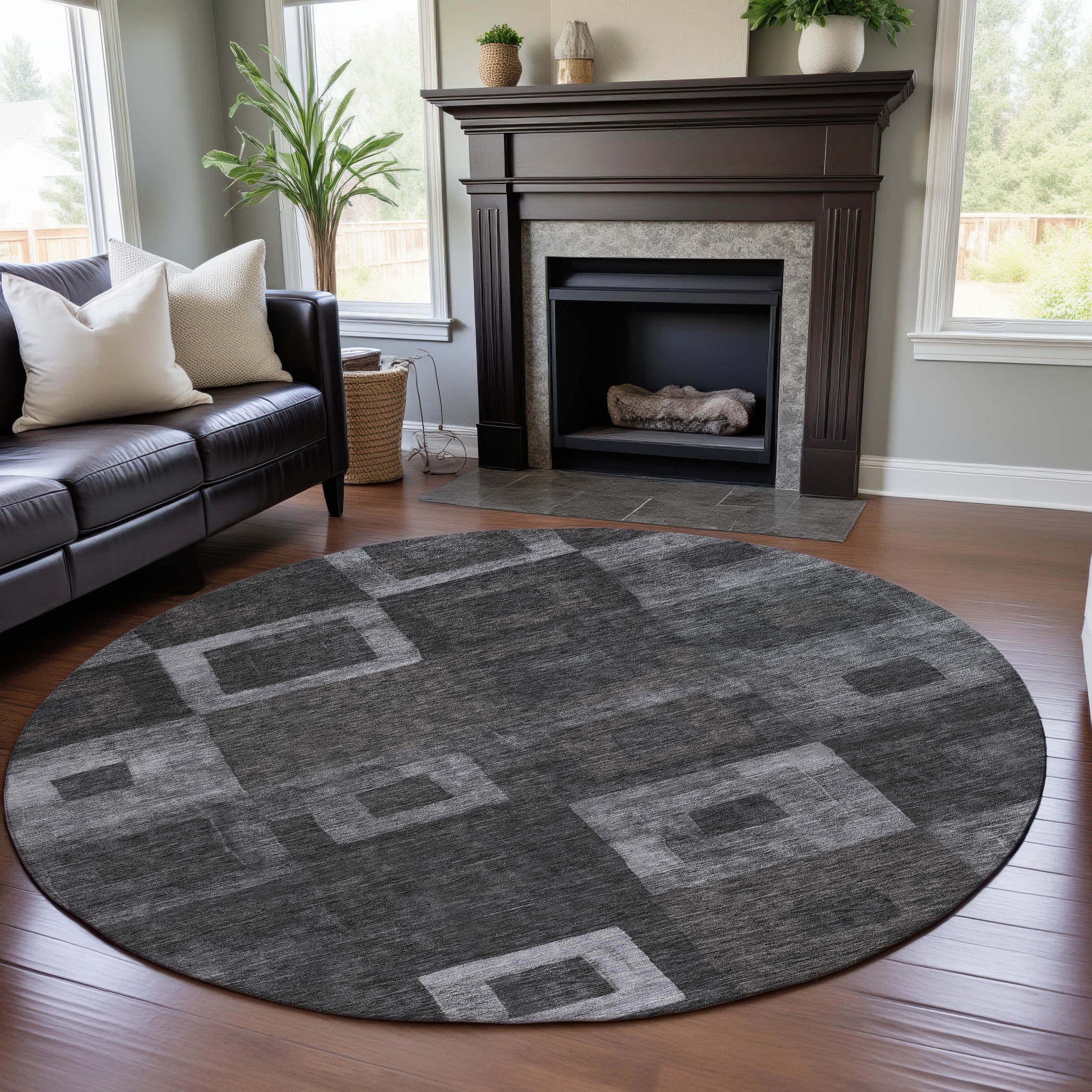 Chiang Mai Machine Washable Transitional Black Rug 8' x 8' #shape_Round