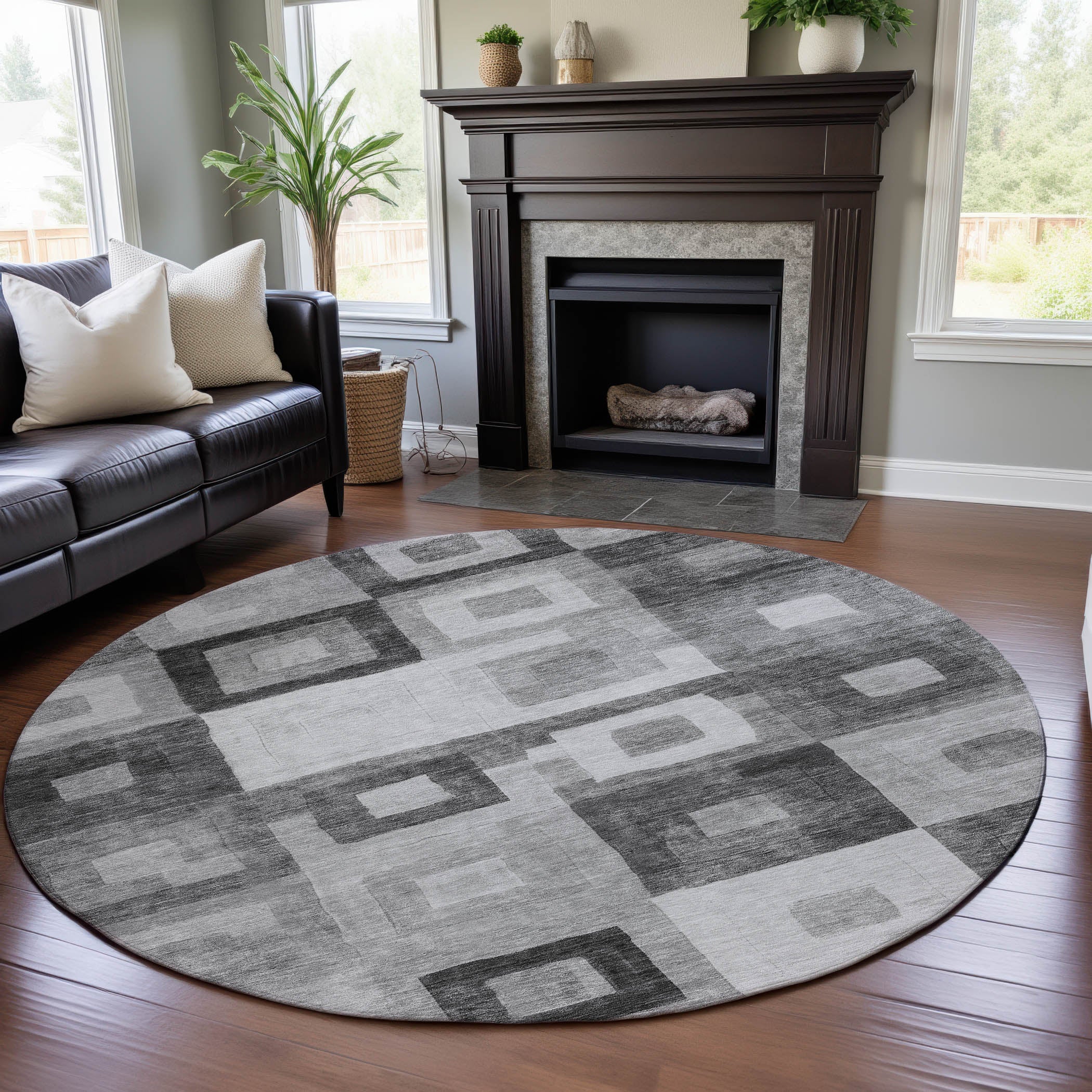 Chiang Mai Machine Washable Transitional Gray Rug 8' x 8' #shape_Round