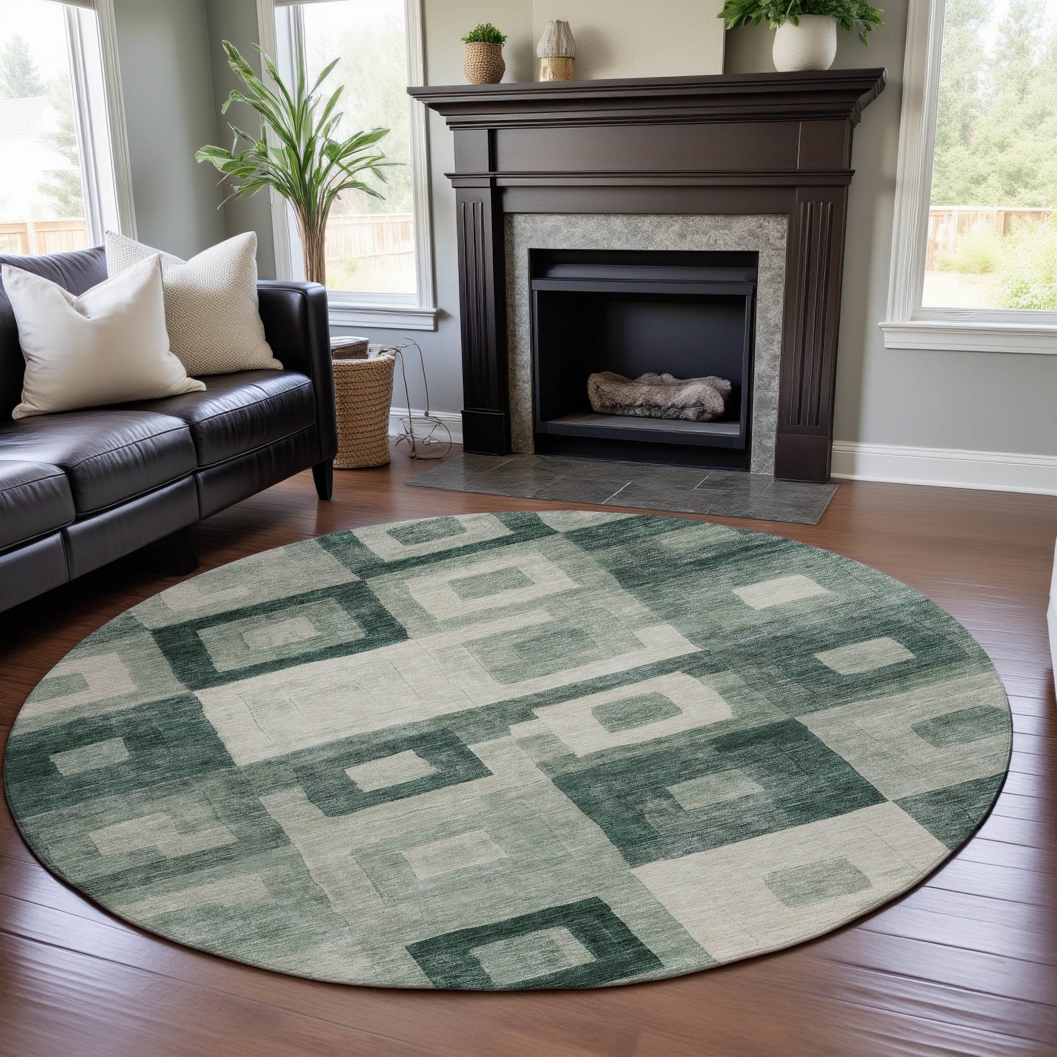 Chiang Mai Machine Washable Transitional Green Rug 8' x 8' #shape_Round