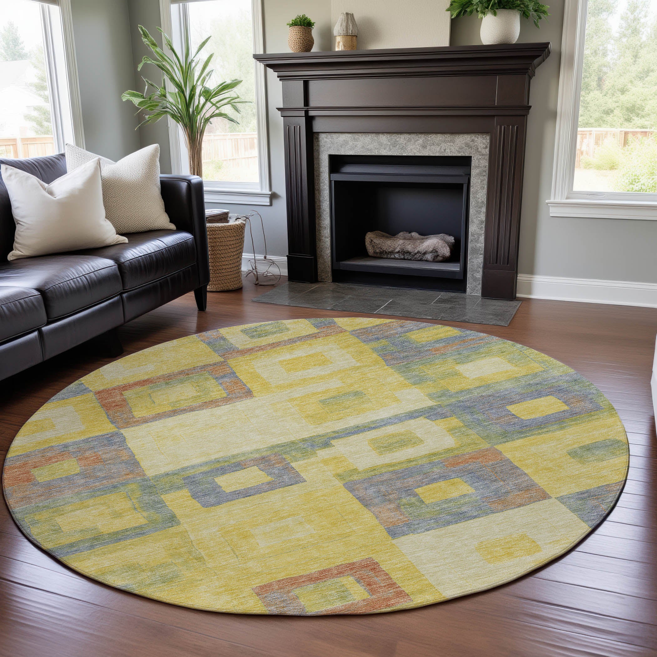 Chiang Mai Machine Washable Transitional Yellow Gold Rug 8' x 8' #shape_Round
