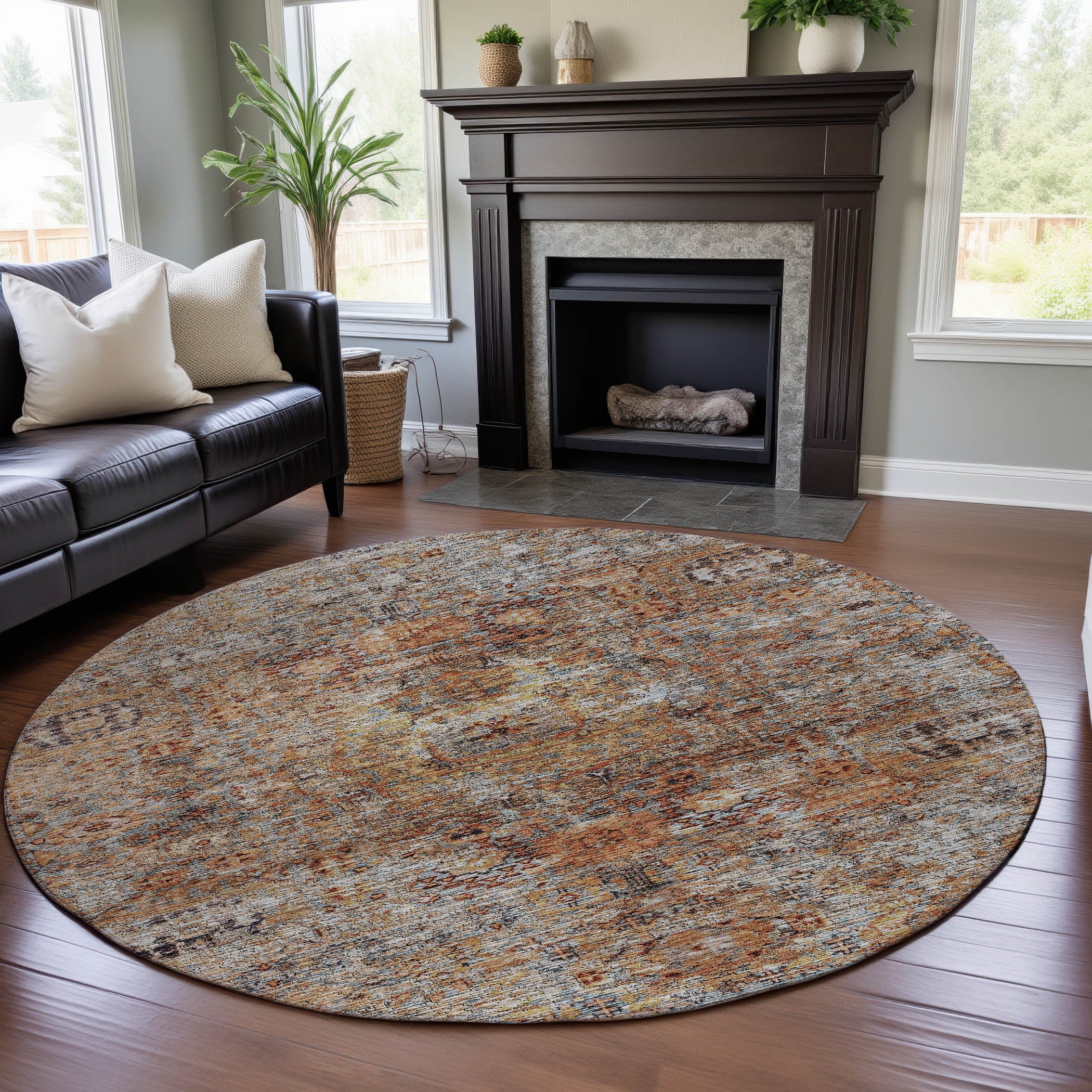 Seville Machine Washable Traditional Coral Orange Rug 8' x 8' #shape_Round
