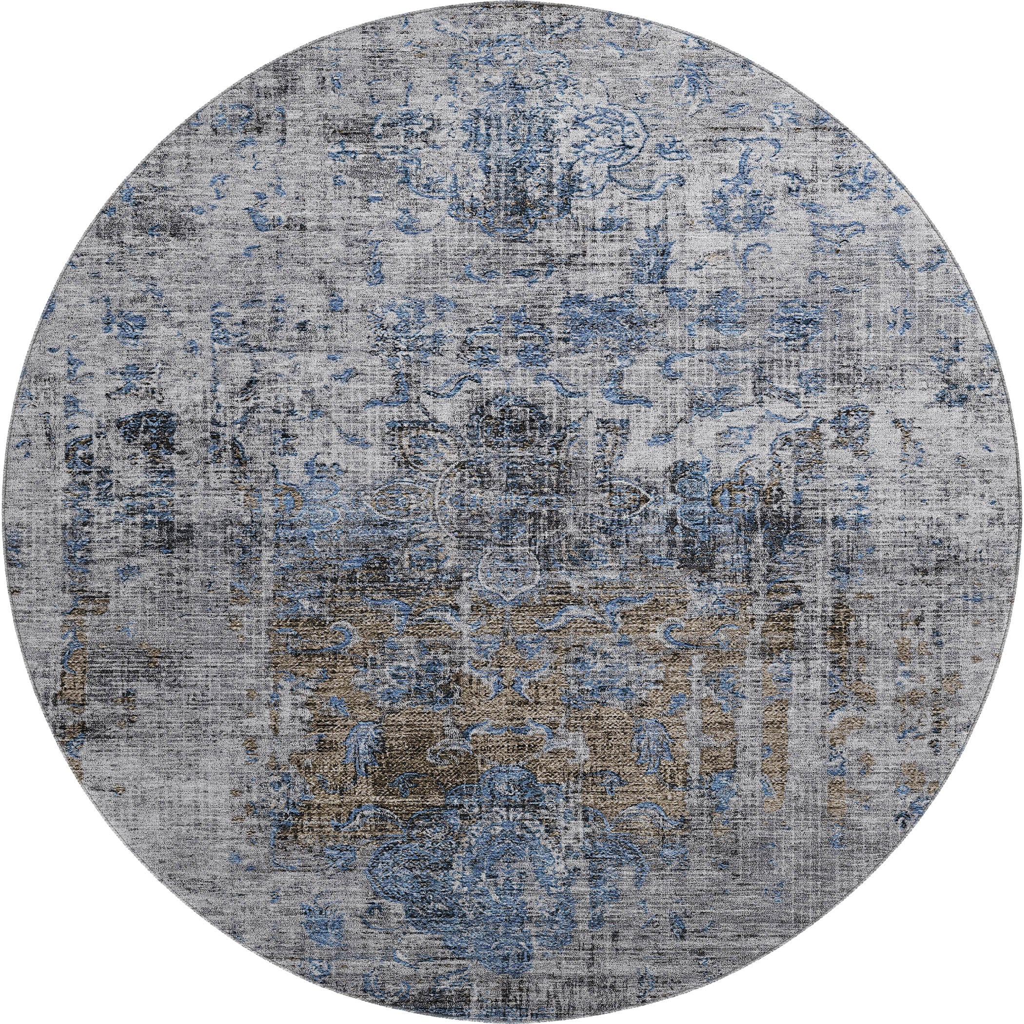 Montevideo Machine Washable Traditional Blue Rug 8' x 8' #shape_Round
